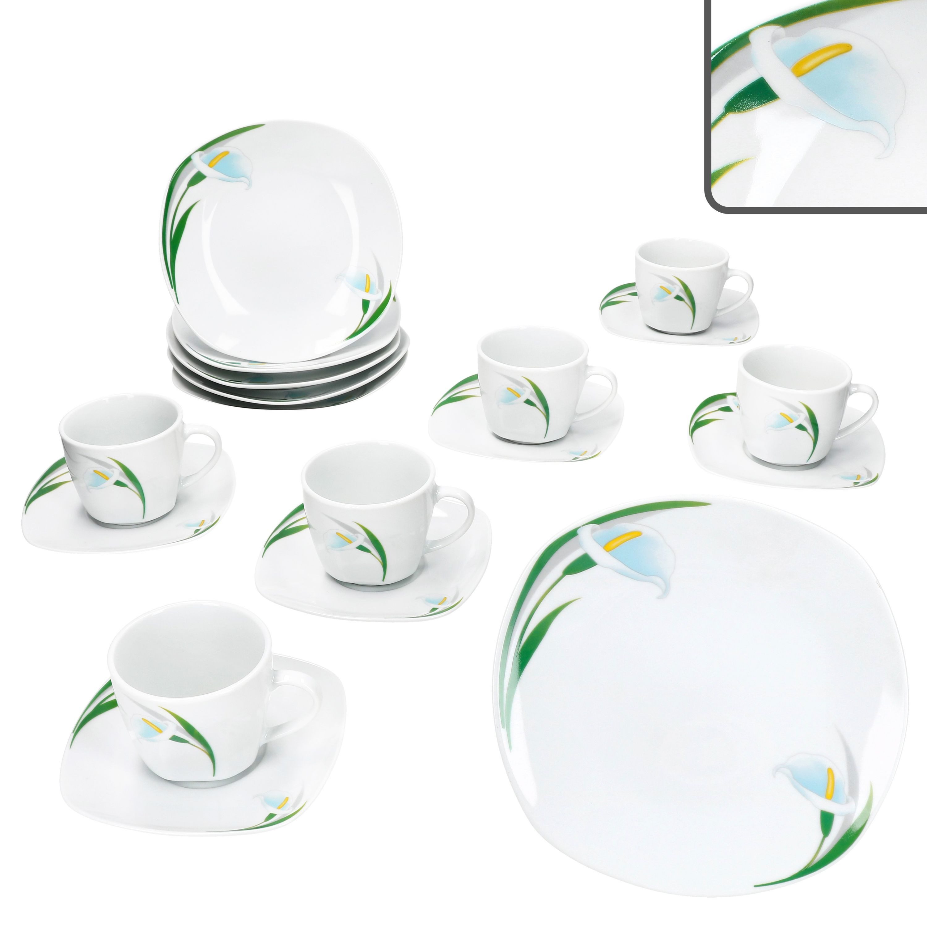 MamboCat Kaffeeservice 18tlg Kaffeeservice White Calla Porzellan 6 Pers. Tassen Untertassen, Porzellan
