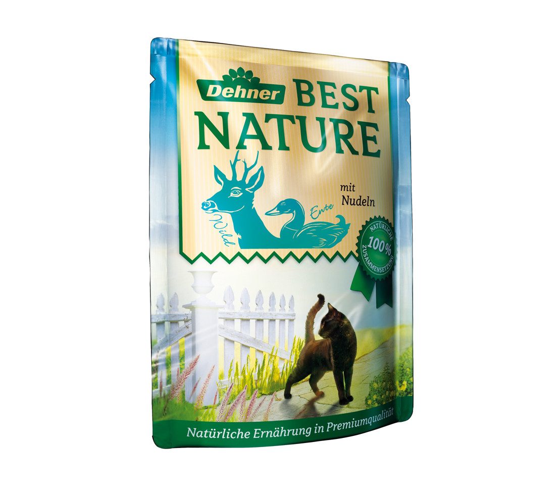 Dehner Best Nature Adult Multipack, 4 verschiedene Sorten, 8 x 85 g Beutel Ente, Nassfutter für: Katze, Nassfutter für Katzen, mit Kalb / Wild / Geflügel / Lachs / Kaninchen