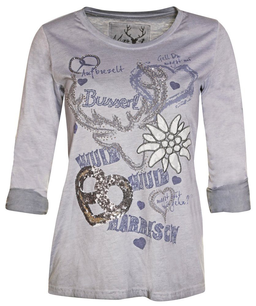MarJo T-Shirt 'Narrisch' mit 3/4 Arm Damen Trachten, Grau Blau