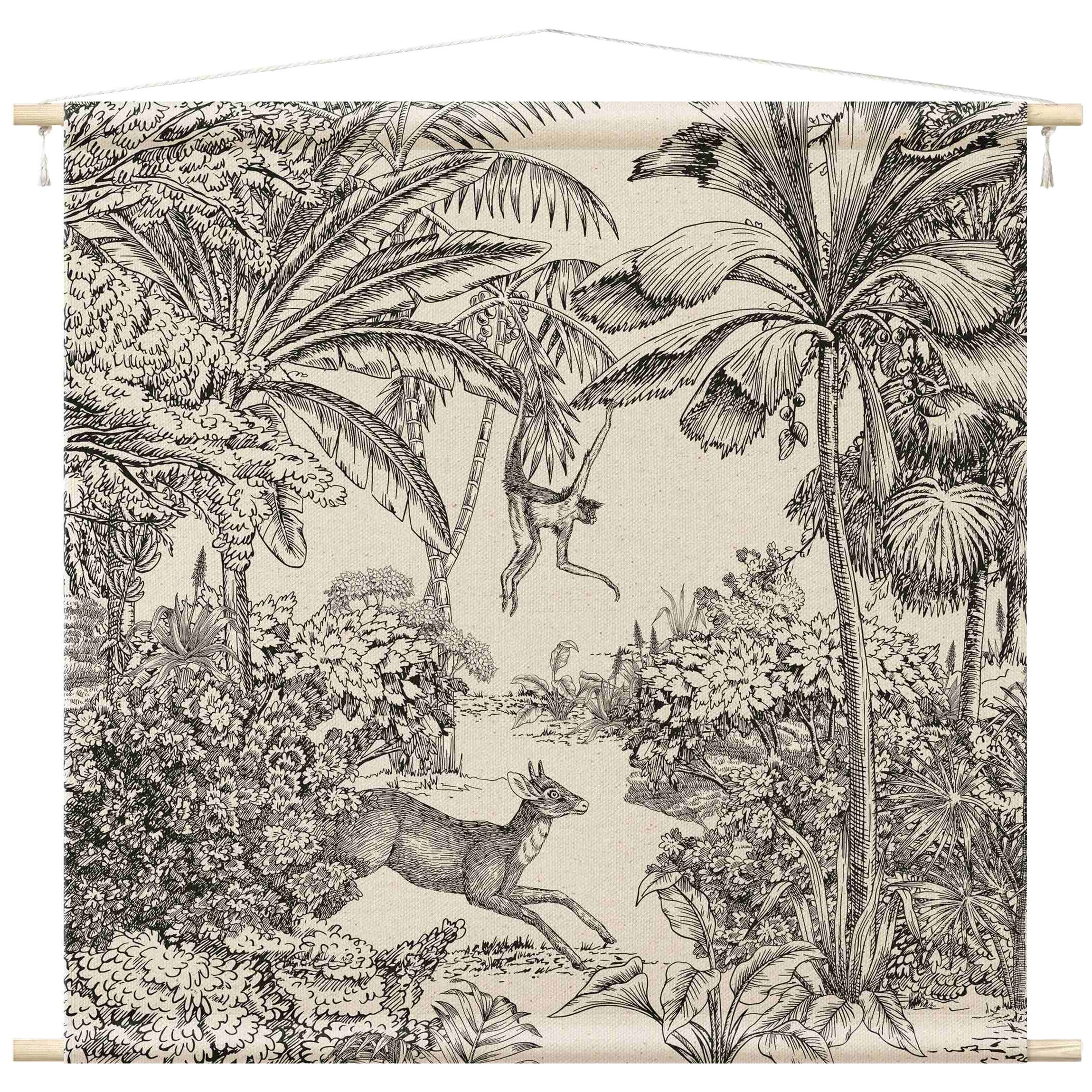 Bilderdepot24 Wandteppich modern Vintage Tropisch Tiere schwarz-weiß, quadratisch, Höhe: 2.6 mm, großes Wandbild aus Natur-Baumwolle Wandbehang Stoffbild Tuch Wollseil