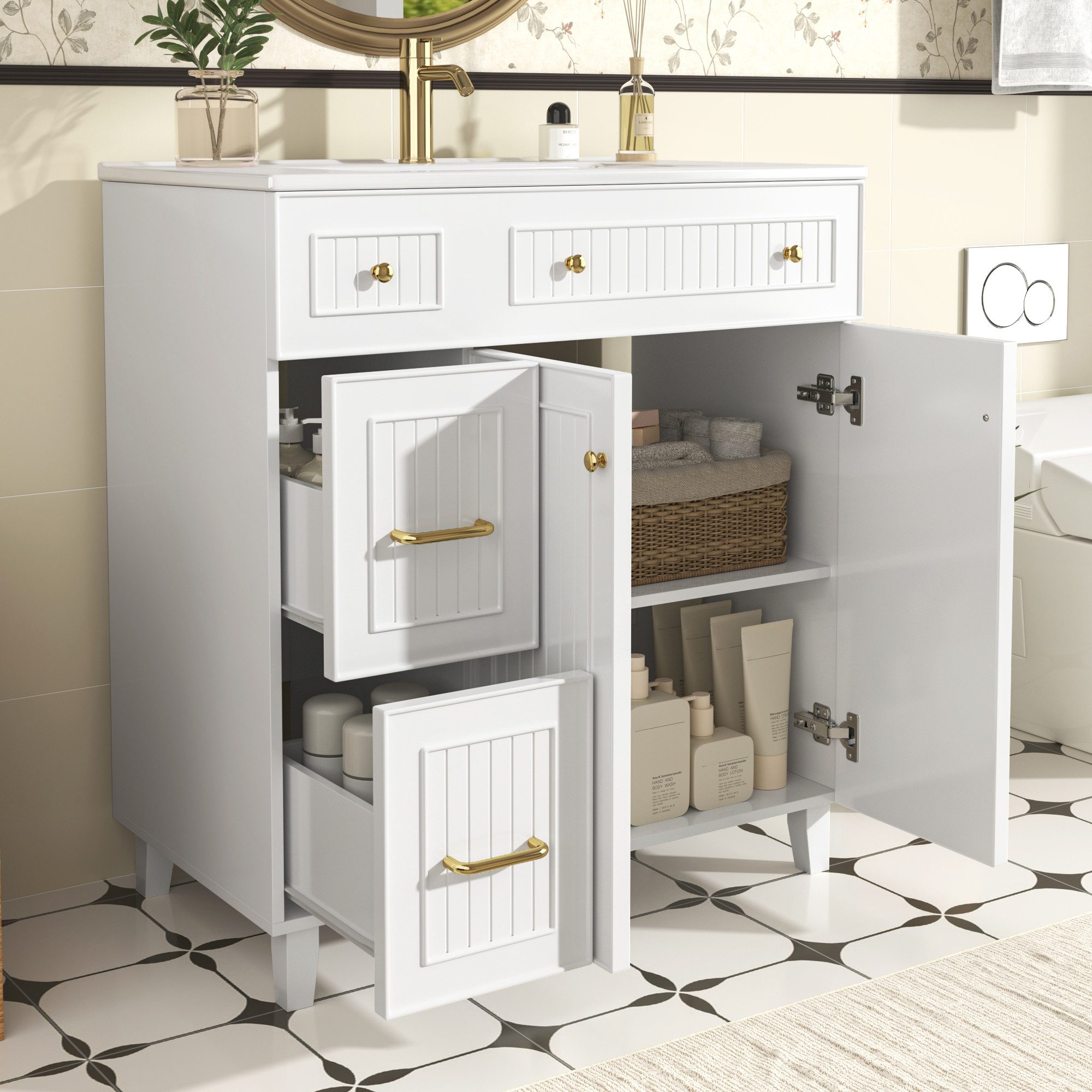 Flieks Waschtisch Waschbeckenunterschrank mit Waschbecken (B81,7/T46,8/H90 cm, 1-St., bodenstehend, Badschrank Volllackierung), Badmöbel mit Schubladen und Türen Badzimmerschrank, Massivholzfüß