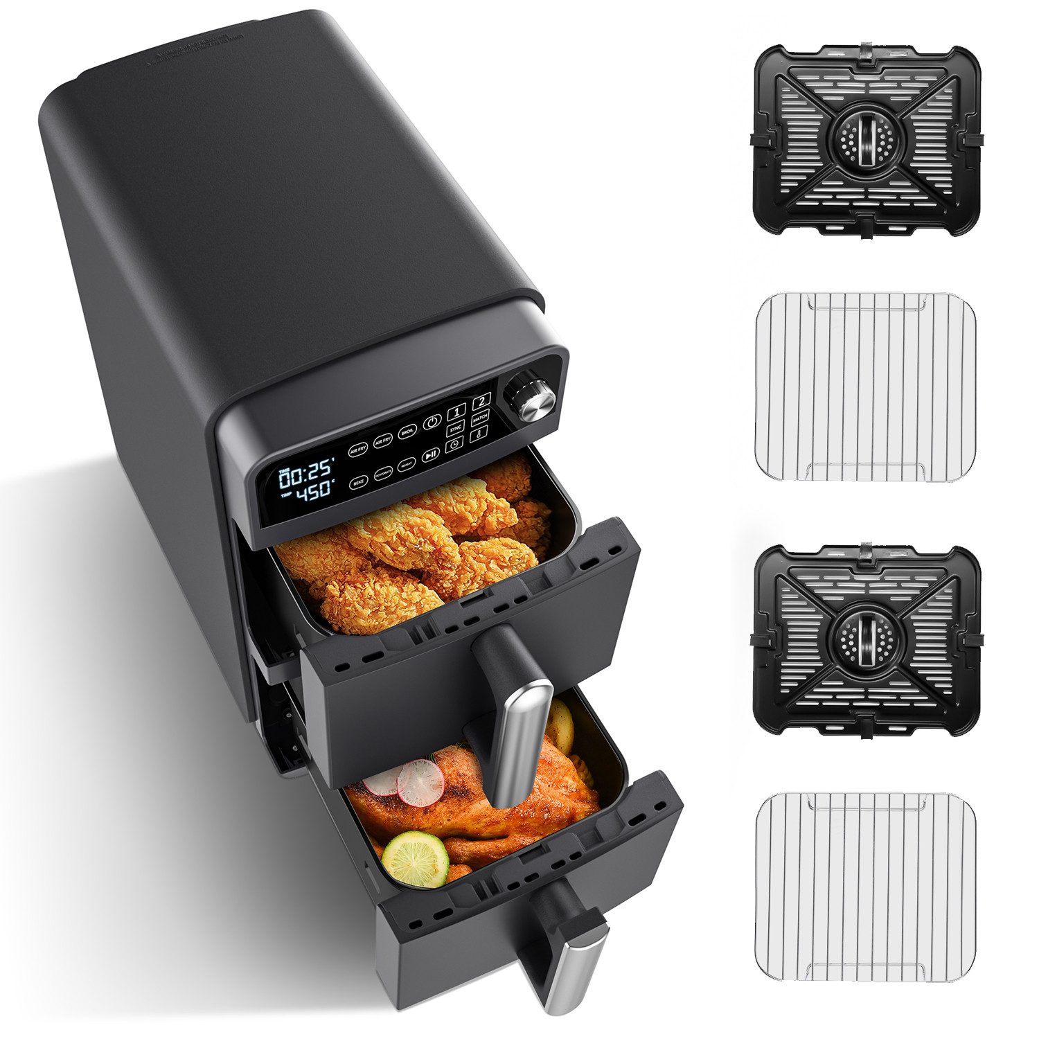 Heißluftfritteuse Double Stack XXL Heißluftfritteuse, 2 vertikale Schubladen, 4 Kochstufen, 2 Einschübe, platzsparendes Design, 10 L Fassungsvermögen, 6 Funktionen, 8 Portionen, Schwarz