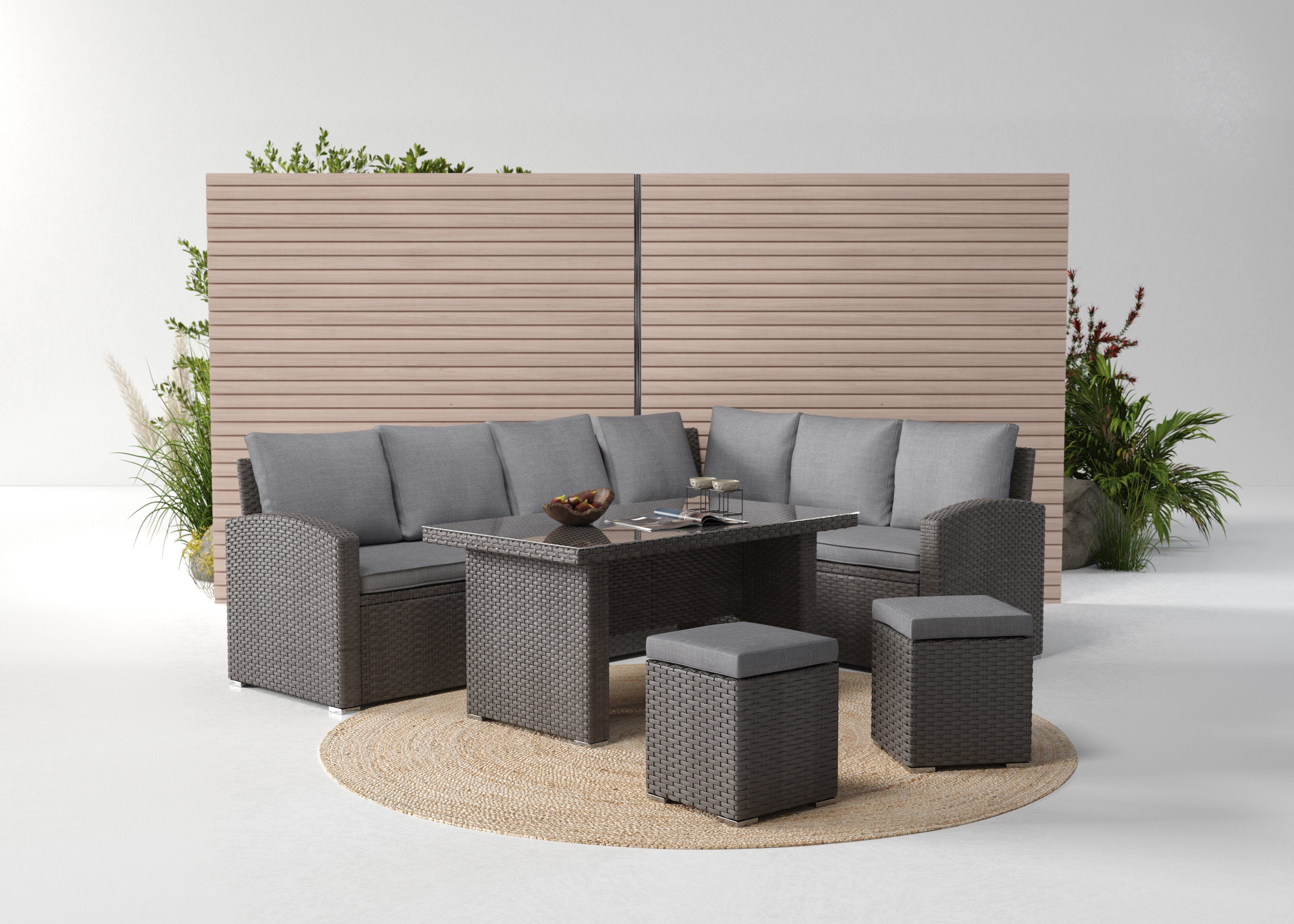 KONIFERA Gartenlounge-Set London, (Set, 17-tlg., 2x3er Sofa, 2x Hocker, 1x Tisch 140x80x66cm, inkl. Auflagen), inkl. Schutzhülle, Aluminium, Polyrattan