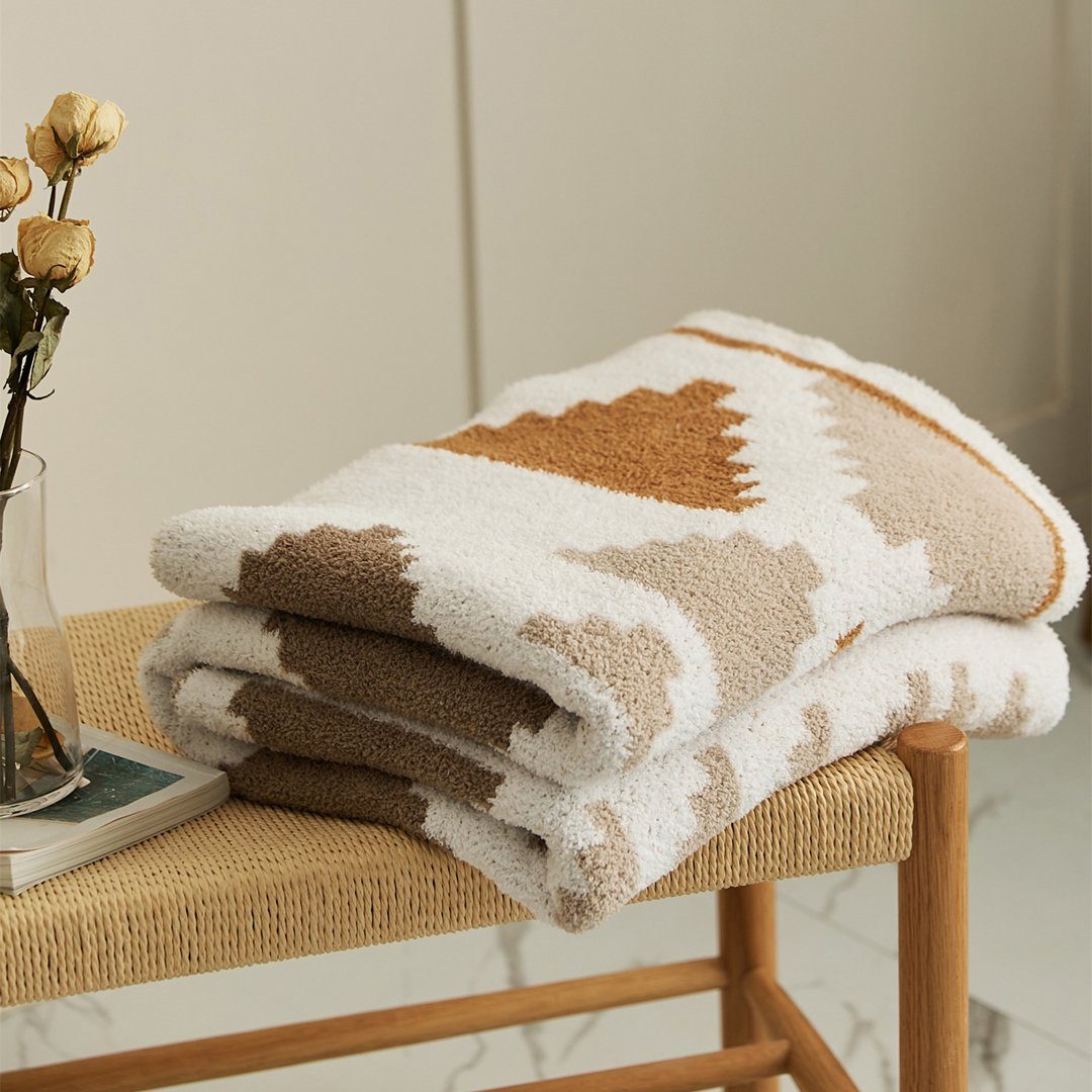 Wohndecke Decke, sanfte beige Wolldecke mit buntem Hügelmuster, gemütlich,  FIDDY, weich, warm, gestrickt für Betten, Sofas, dekorative Decke