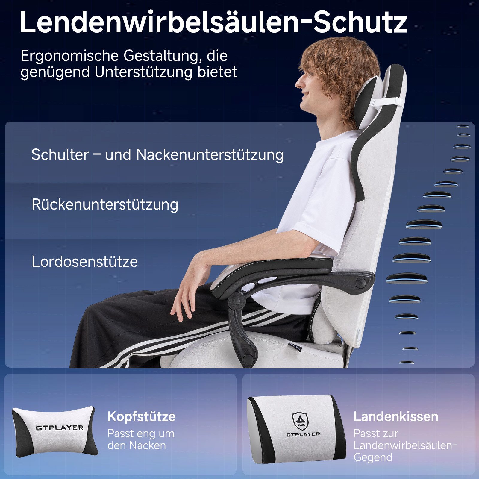 GTPLAYER Gaming-Stuhl Ergonomischer Gaming Sessel Schreibtischstuhl mit Stoffoberfläche (Pacekung), Federsitzkissen – Bild 2 von 5