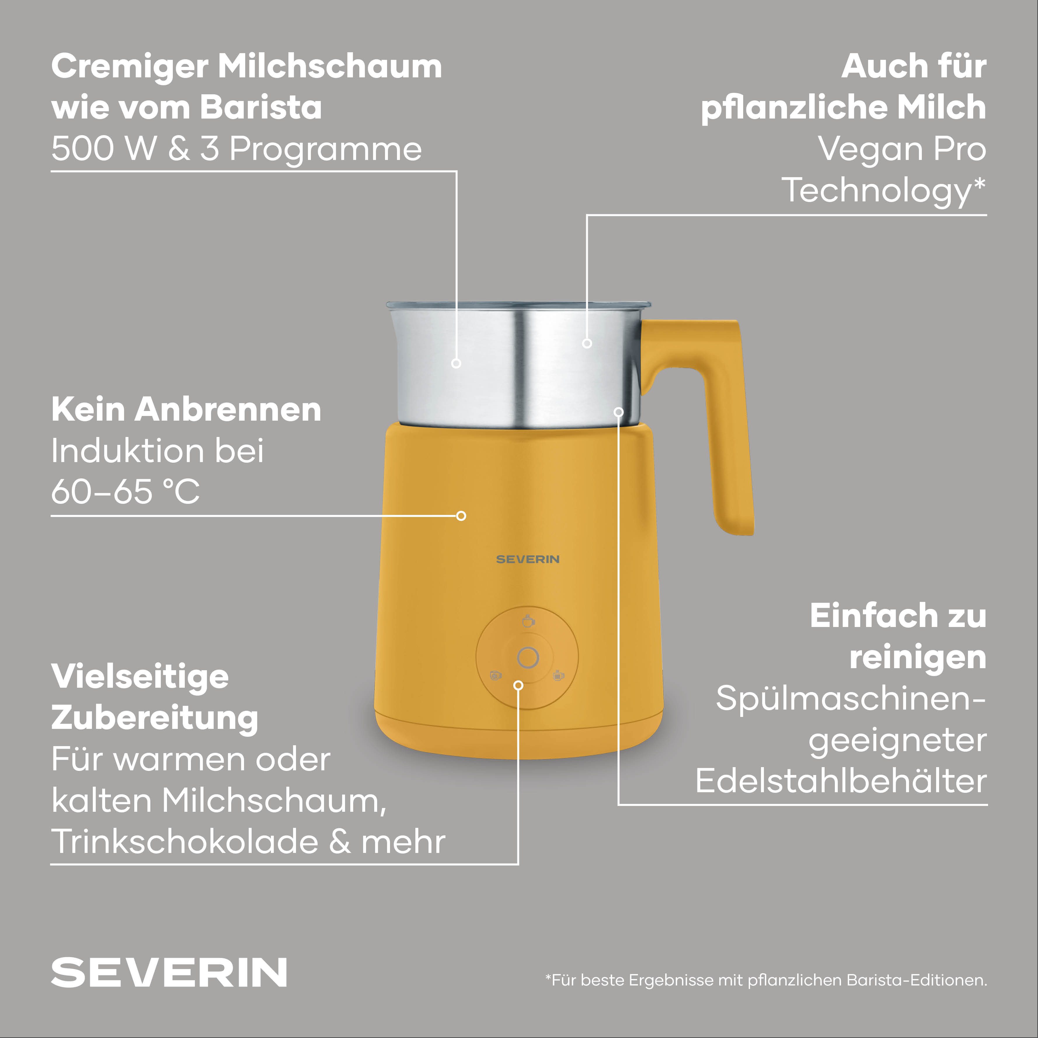 Severin Milchaufschäumer SPUMA LITE SM 3597, 500 W, kaltes & warmes Aufschäumen, Schoko-Funktion, auch vegane Milch, gelb