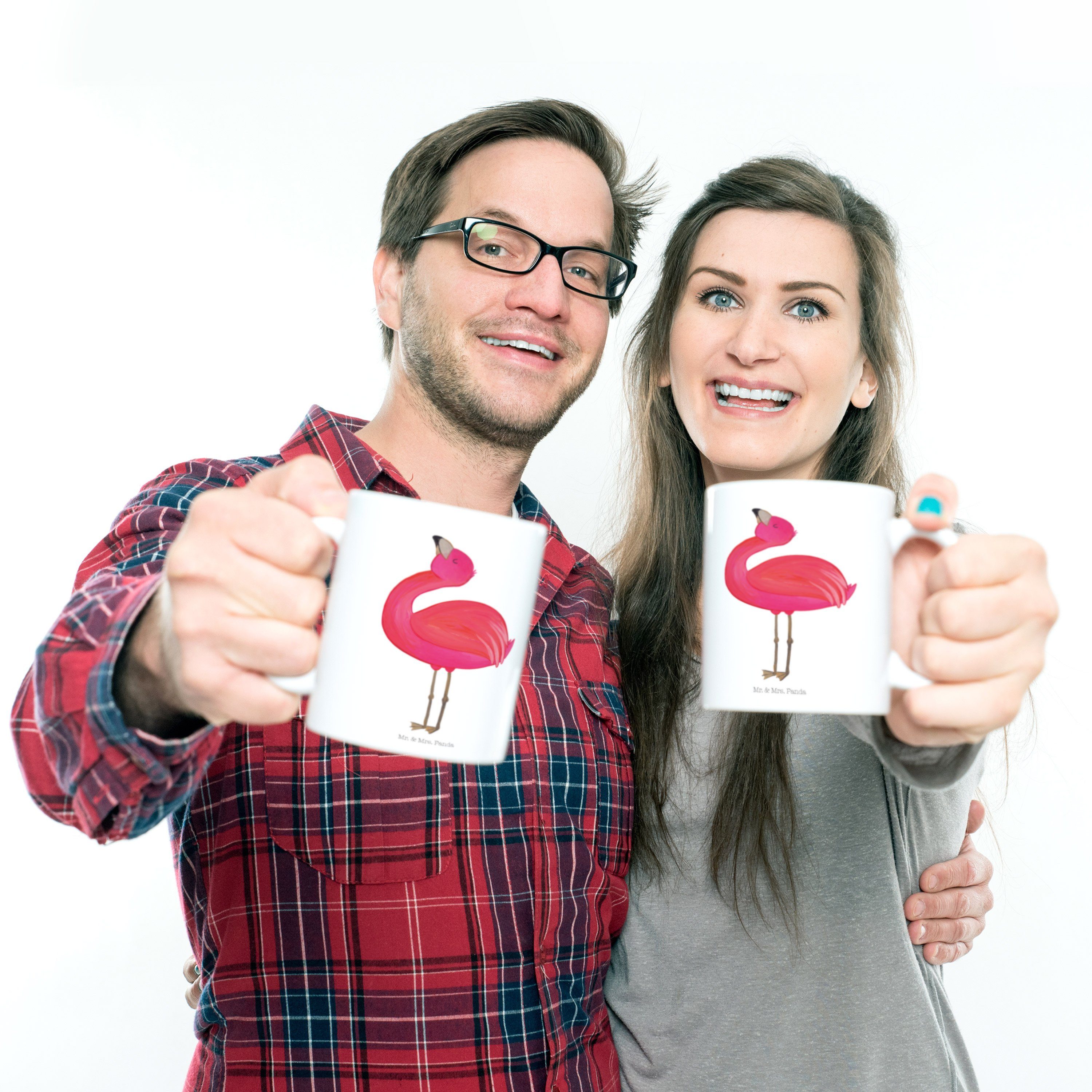 Mr. & Mrs. Panda Kunststoff - Flamingo stolz glücklich, Selbstakzeptanz, Weiß Kinderbecher Kaffeet, - Geschenk