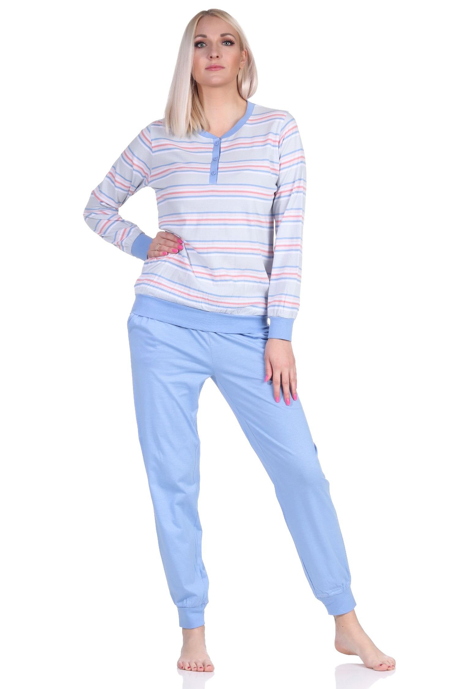 Normann Pyjama Damen Schlafanzug langarm Pyjama mit Bündchen in pastellfarbenen Look hellblau