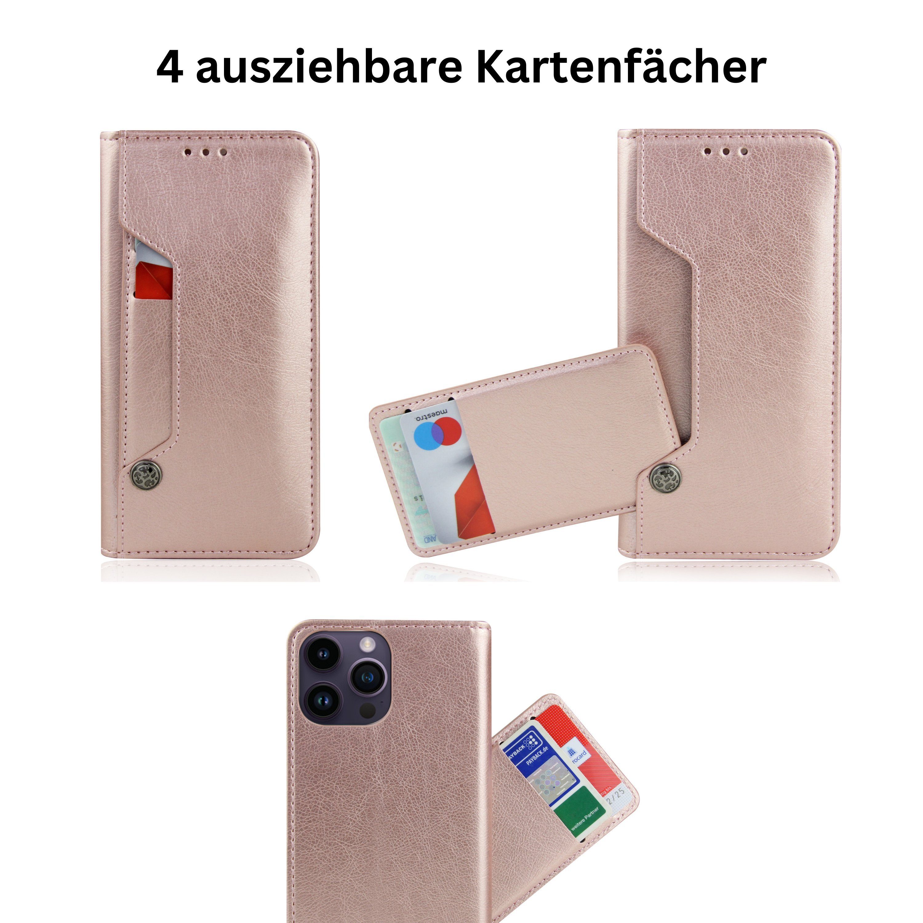Frentree Handyhülle aus echtem Leder für iPhone 12, 13, 14, Magnetverschluss mit 4 Kartenfächern & 2 Sichtfenstern, Handy-Ständer