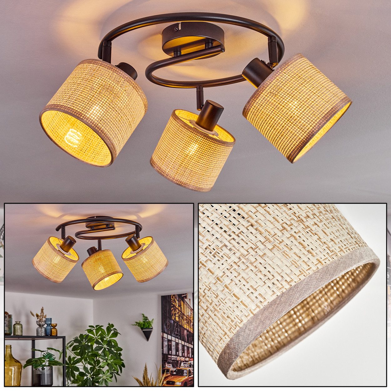 hofstein Deckenleuchte Deckenlampe aus Metall/Papiergeflecht in Schwarz/Beige, Boho-Style, ohne Leuchtmittel, mit verstellbaren Schirmen (12 cm), skandinavisches Design, 3 x E14