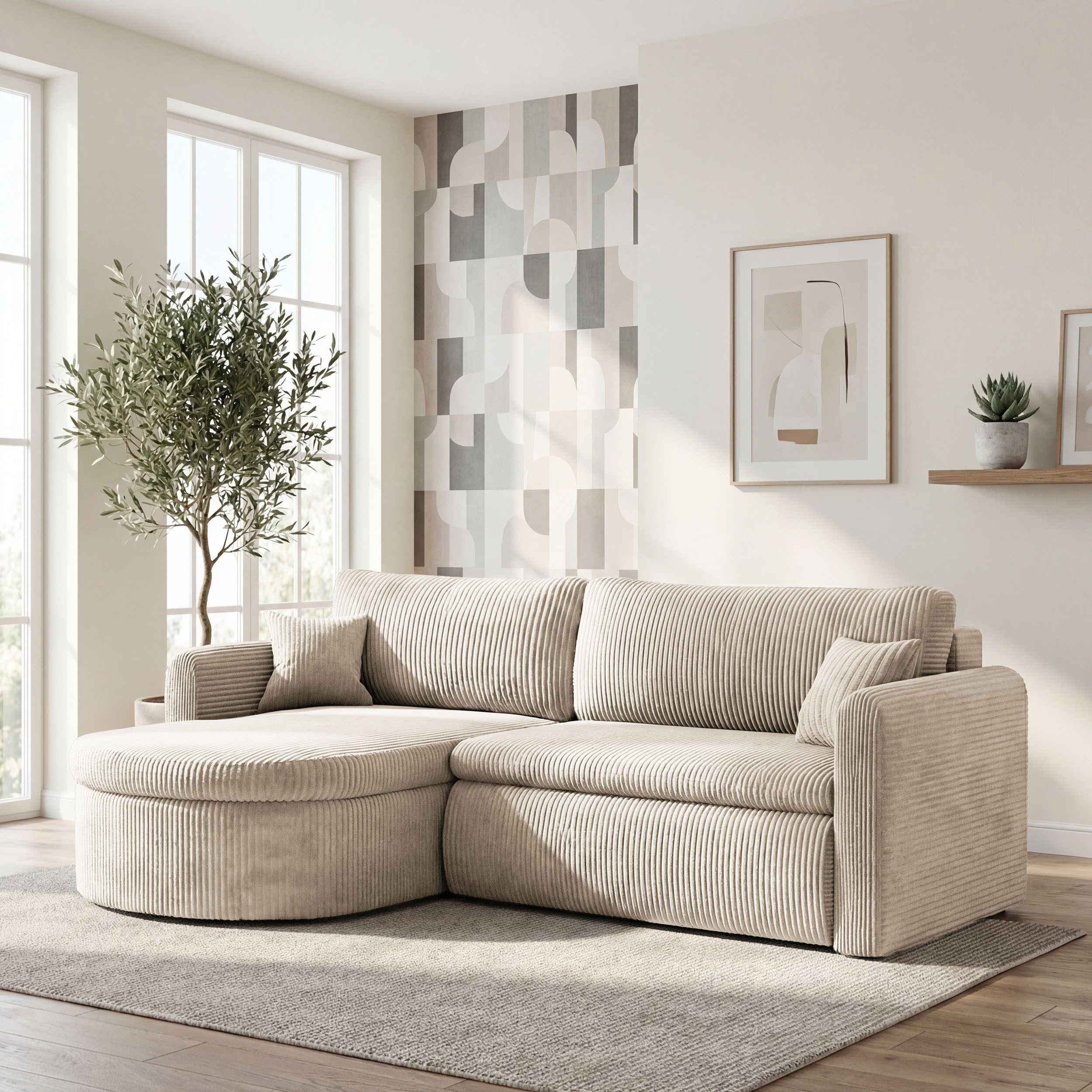 WFL GROUP Ecksofa Cora L-Form Universell 4-Sitzer – mit Schlaffunktion & Stauraum, MADE IN EU, Rechts oder Links Montierbar, Schlaffläche 220 x 122 cm, Boucle oder Cordstoff Chenille, inkl. 2 Dekokissen und Rückenkissen