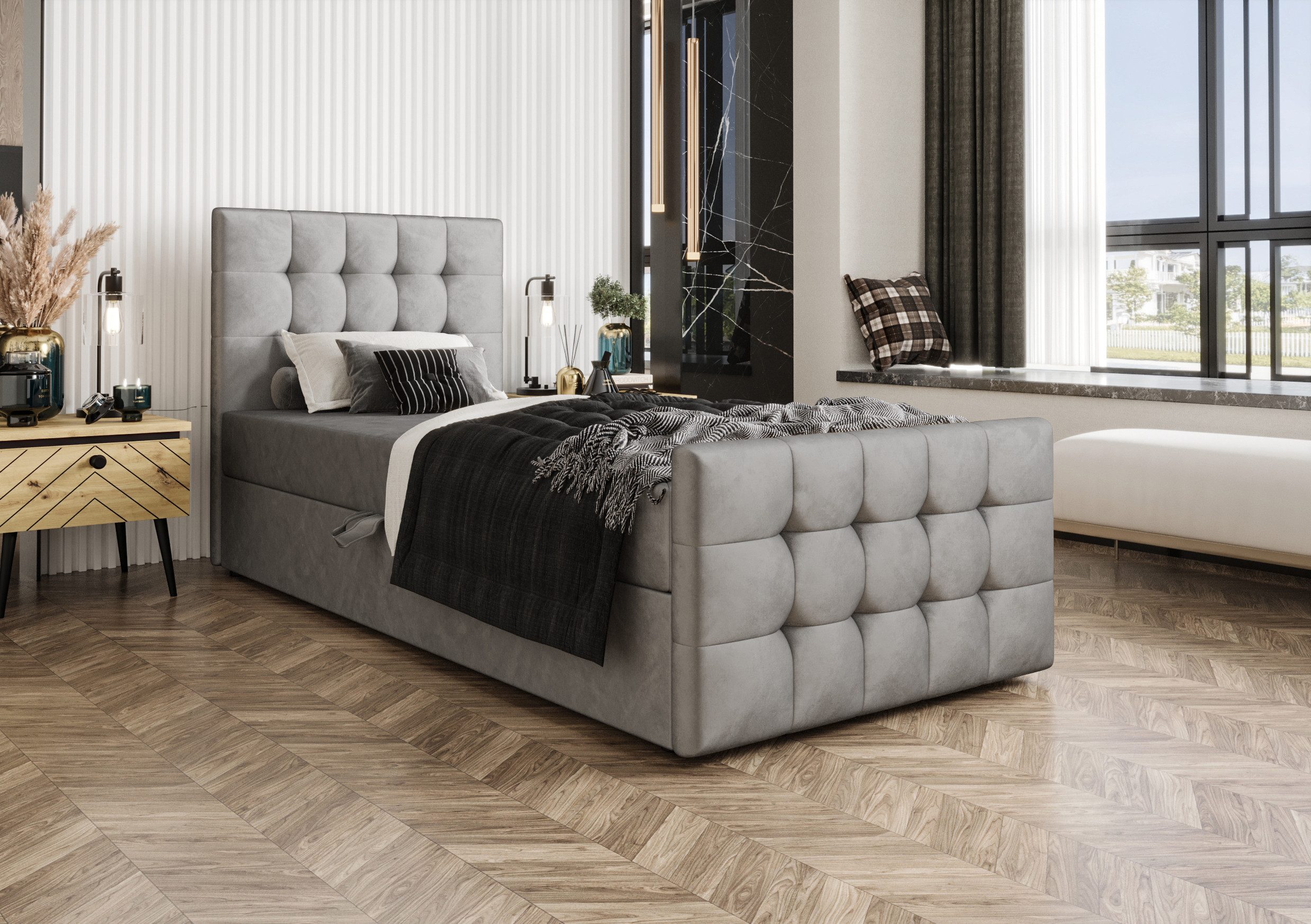 B&B Home Boxspringbett Boxbett Coria V 80 90 100 cm (H3 Matratze Bonellfederung, Kopfteil, Fussteil und Bettkasten)