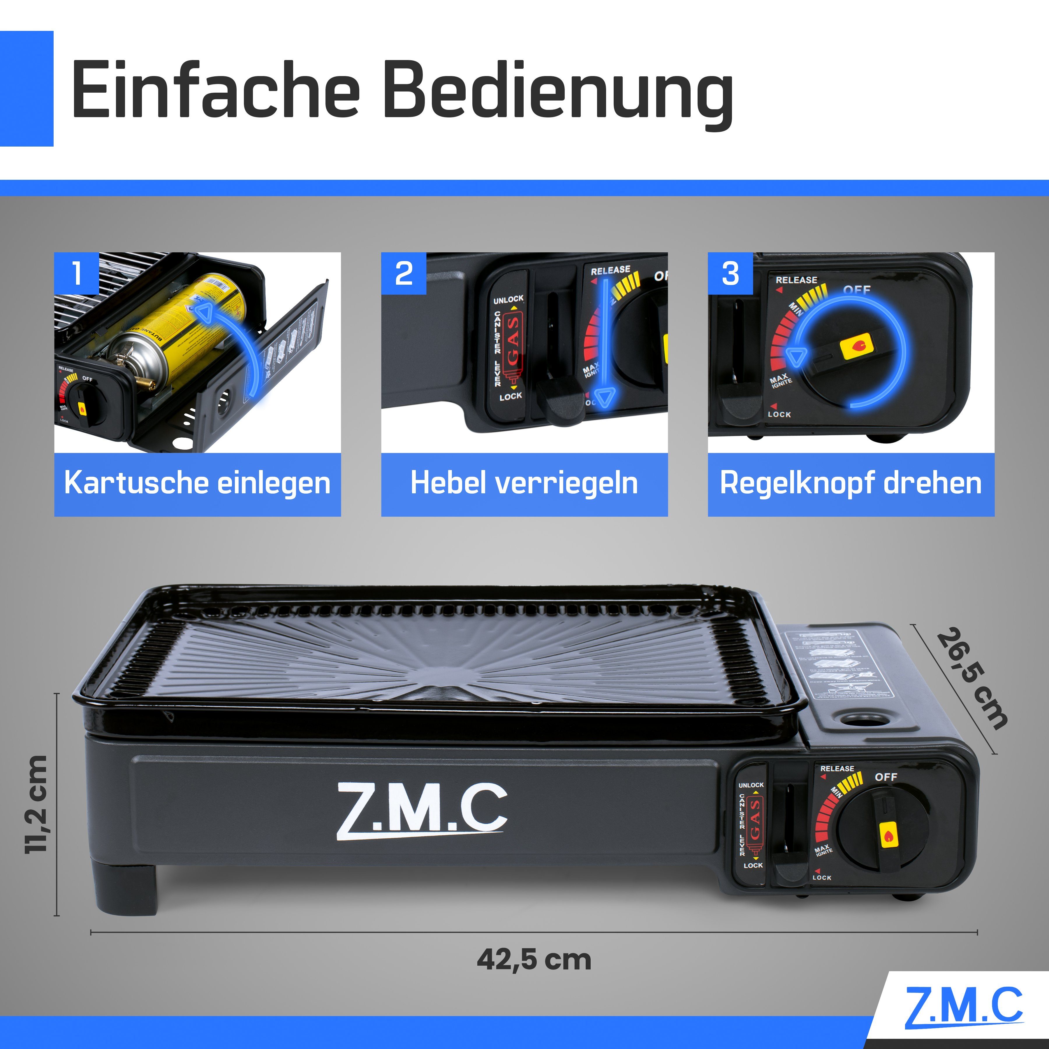 ZMC Gaskocher 2-in-1 Gaskocher + Gasgrill, Campingkocher mit 8x Gaskartuschen 227g, (mit Grillplatte + Grillrost, stufenlos regulierbar, Tischgrill), mit Tragekoffer, 3,8kg, Piezo-Zündung Wärmeleistung: 2,2KW