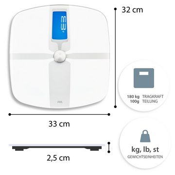 ADE Körper-Analyse-Waage Analyse von Körperwasser, Körperfett, Knochenmasse, Muskelmasse, 8 Speicherplätze, große Ziffern, beleuchtetes Display, bis 180 kg