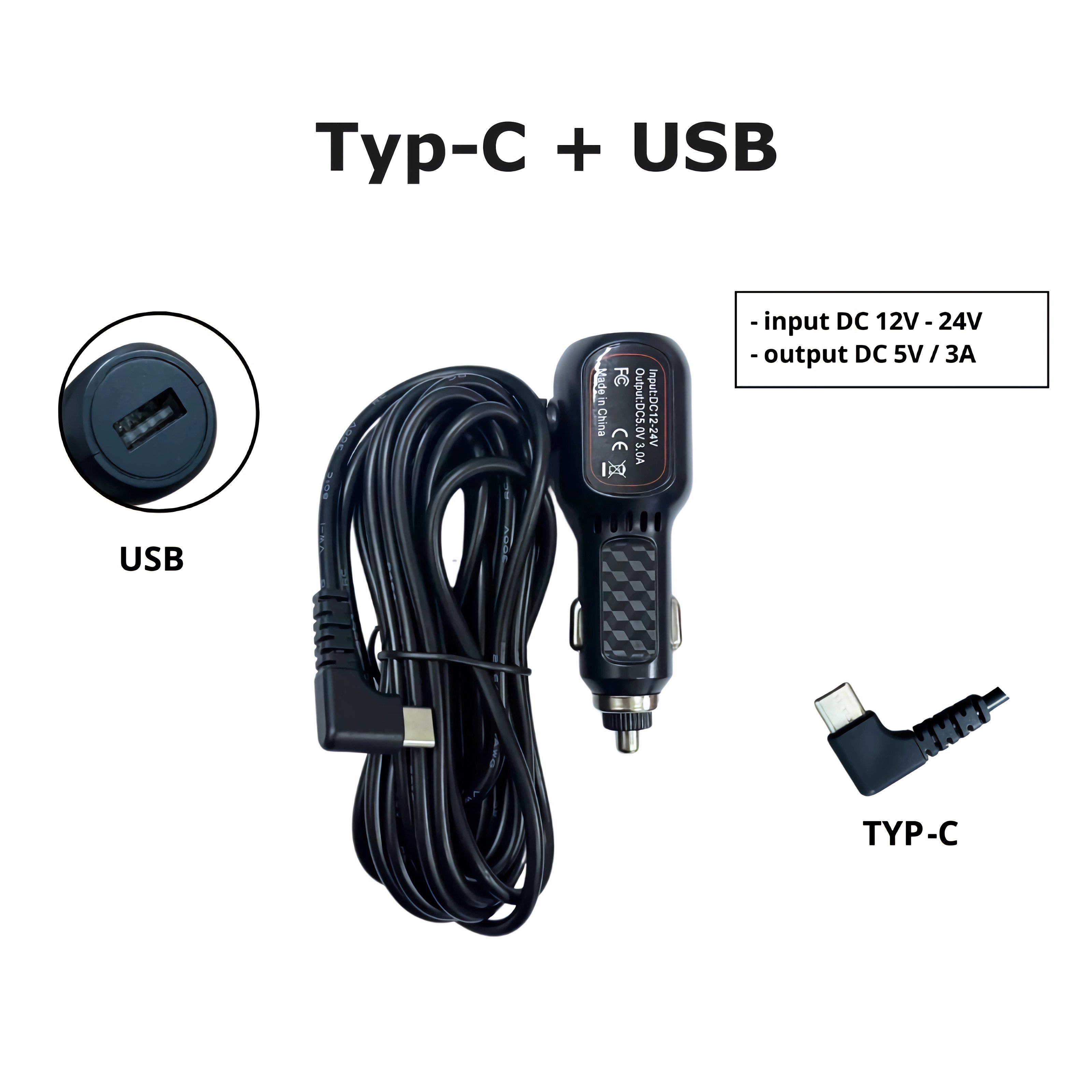 Bolwins P16C Auto KFZ Ladegerät Adapter Kabel 3,5m USB + Typ-C für GPS Handy Auto-Adapter KFZ-Zigarettenanzünder (L-Typ), USB-C Stecker abgewinkelt zu USB-A Buchse, 3500 cm, Laden und Stromversorgung von USB-C-Geräten im Auto