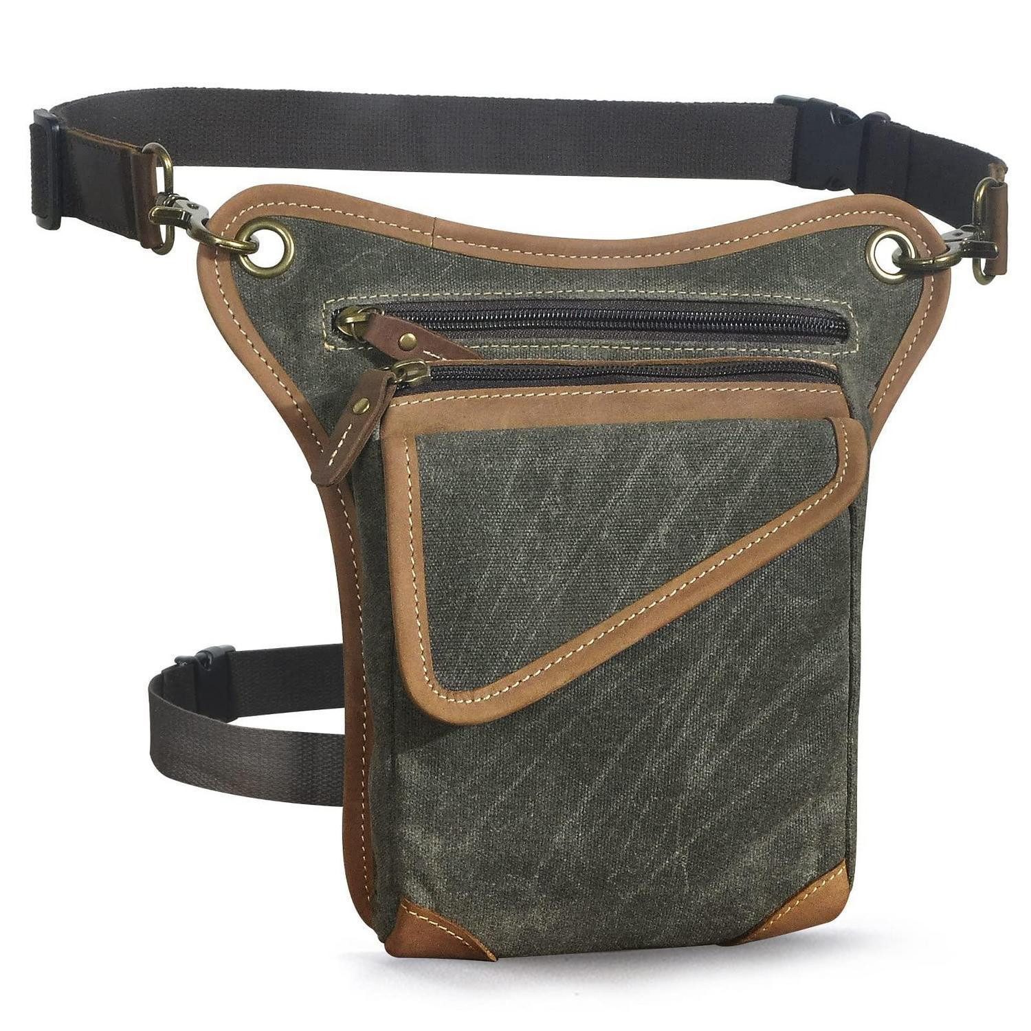LuxusKollektion Beintasche Hüfttasche Herren Canvas Leder wasserdicht Motorrad Grün