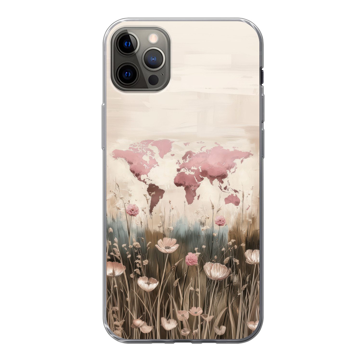 MuchoWow Handyhülle für Apple iPhone 13 Pro Max Weltkarte - Rosa - Blumen, Smartphone-Bumper, Print, Handy Schutzhülle Dünn
