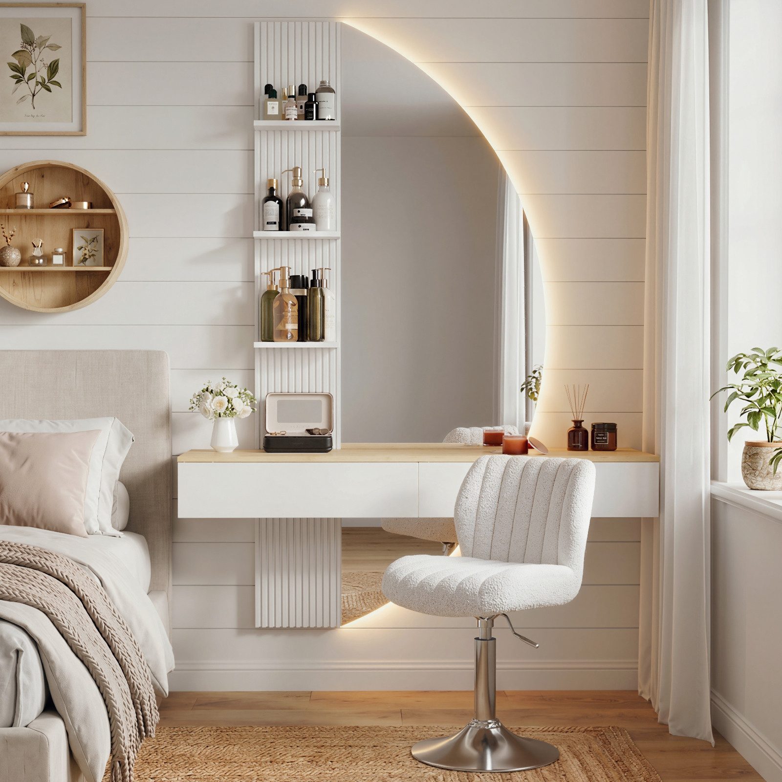 HOMALL Schminktisch Hängender Schminktisch mit LED-Beleuchtung (Maße: 106 × 40 × 143 cm, mit 3 offenen Ablagefächern, 2 Schubladen und drei einstellbaren Farbte – Bild 3 von 5