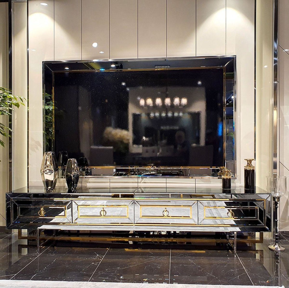 / TV-Schrank Möbel - TV Silber Luxus Gold Luxus - Schrank mit verspiegelter Möbel Casa Wohnzimmer Padrino Verspiegelte Verspiegelter Set Rückwand