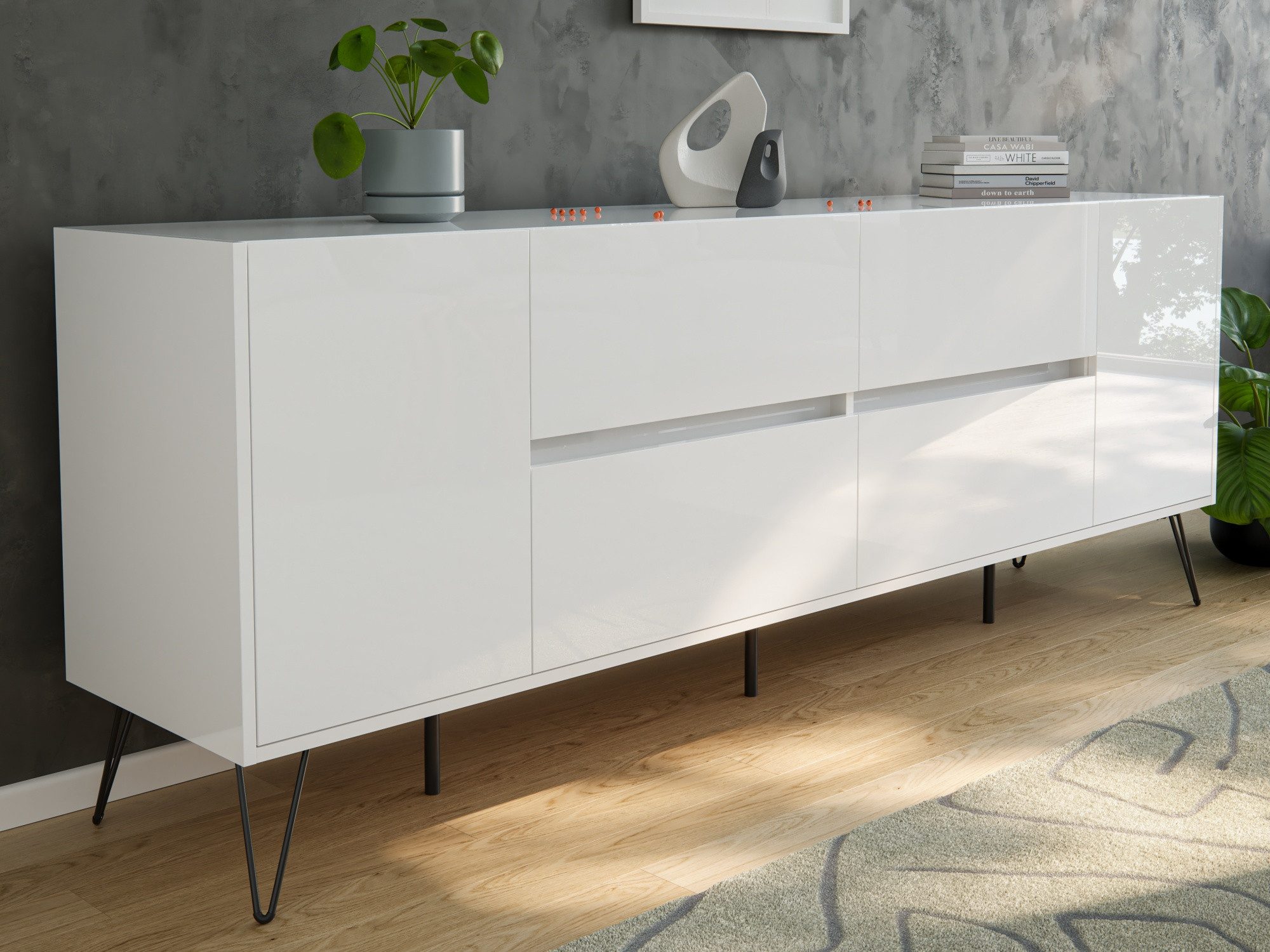 Sideboard Sideboard Yako 200cm 4 SoftClose 2 Türen Weiß hochglanz
