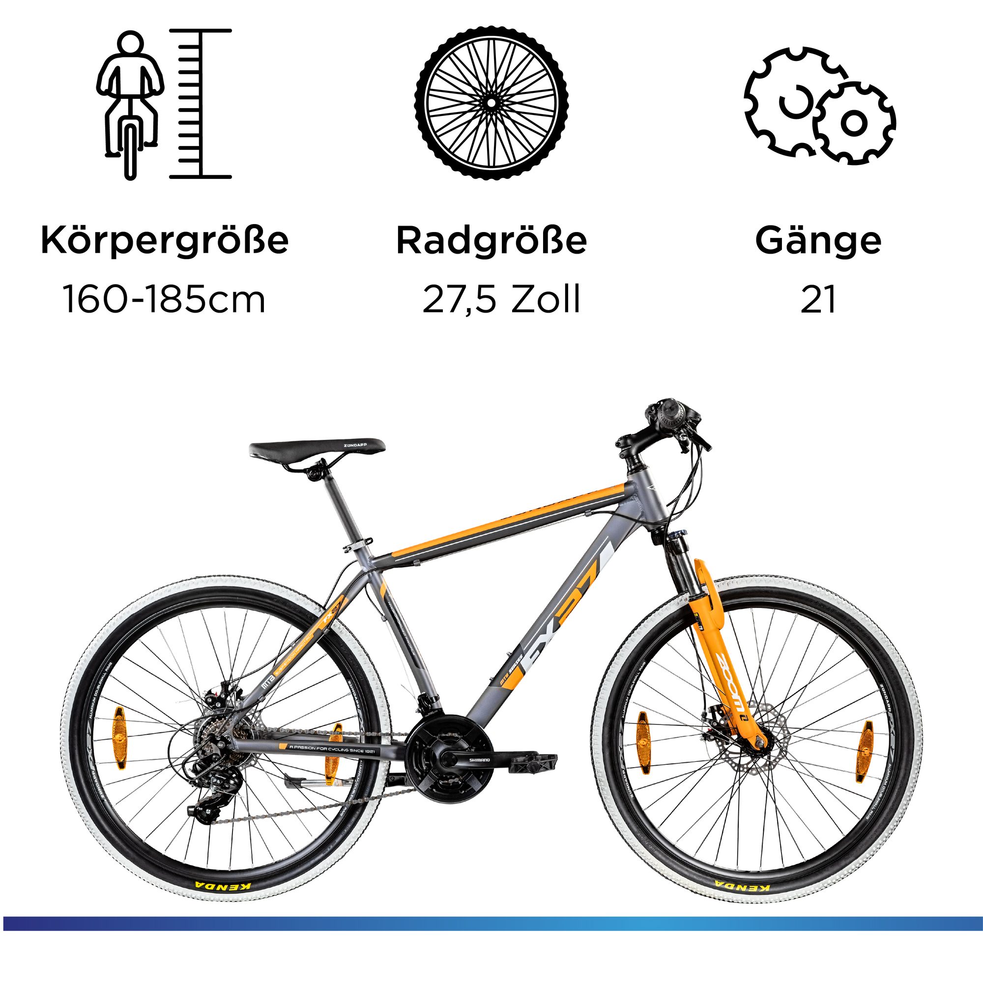 Zündapp Mountainbike FX27, 21 Gang Shimano Tourney Schaltwerk, Kettenschaltung, Mountainbike 27,5 Zoll Hardtail 160 - 185 cm Fahrrad