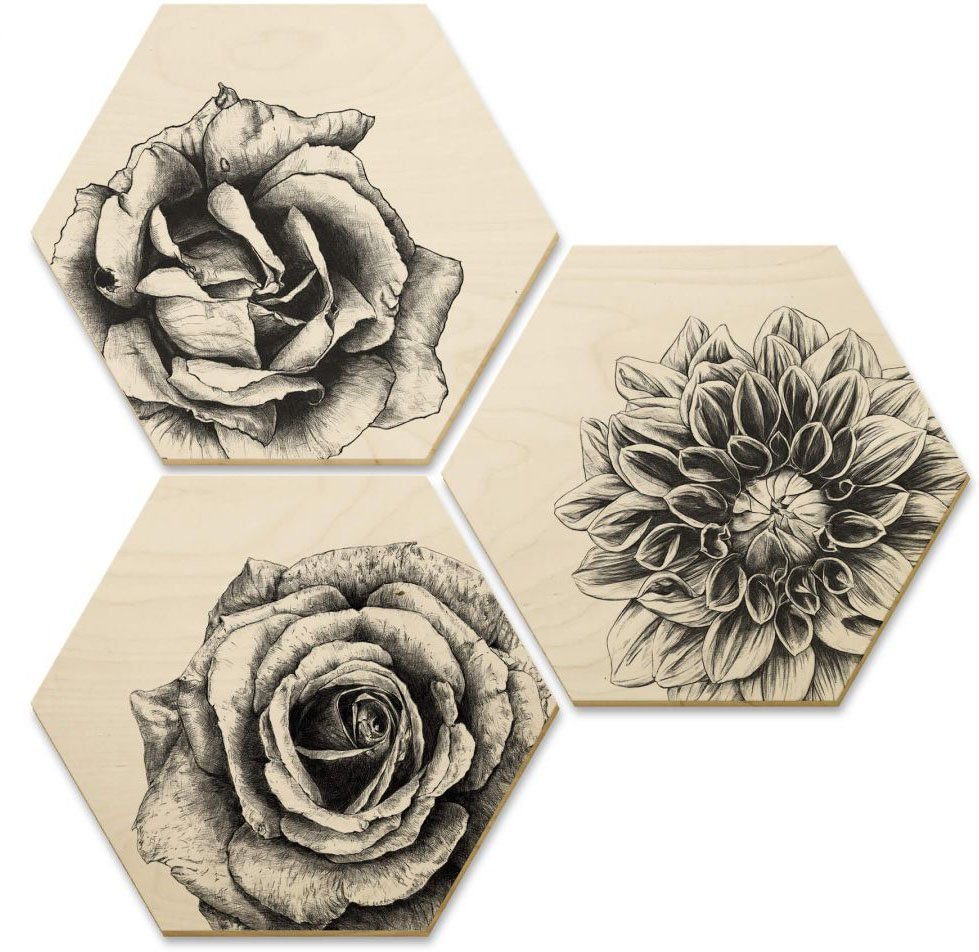 Wall-Art Mehrteilige St) Blumen Hexagon Bilder Holzbilder 3 Set, (Set