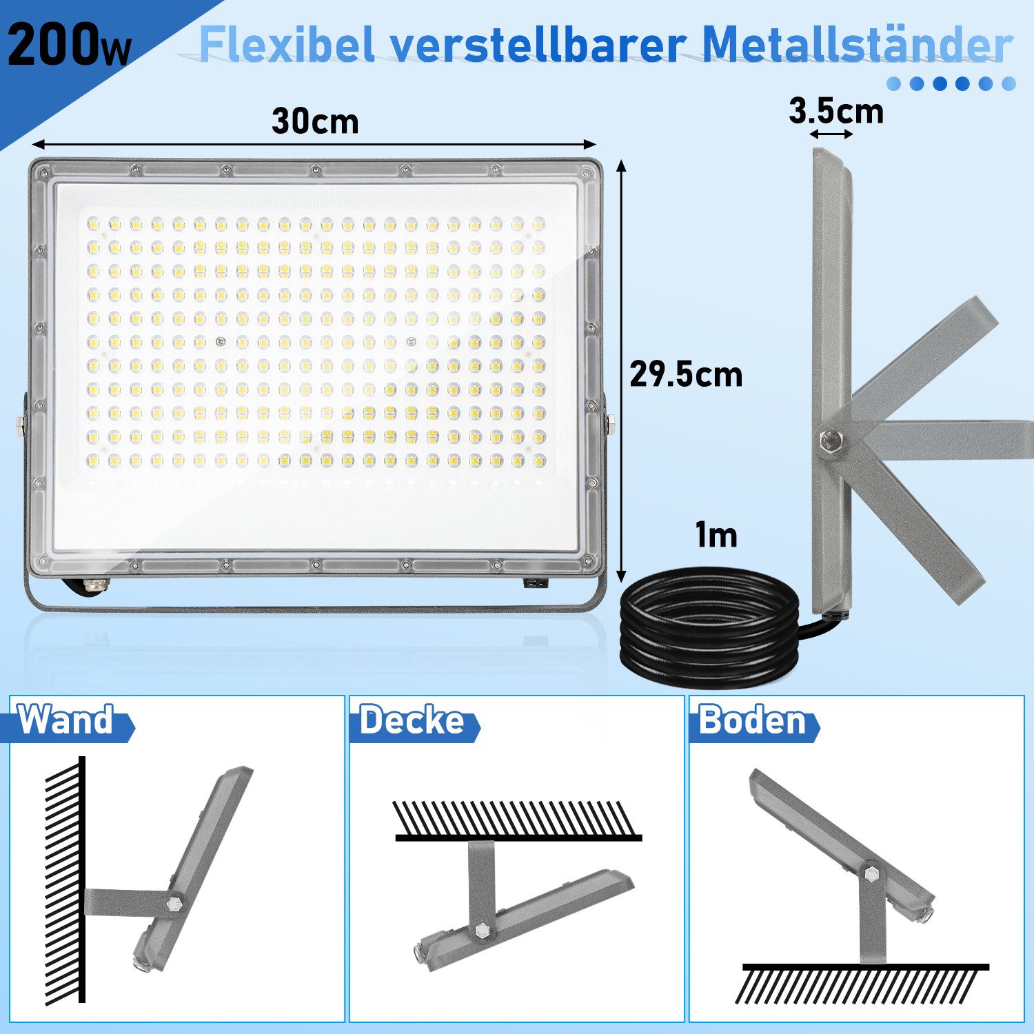 Clanmacy Flutlichtstrahler LED Flutlichtstrahler 200W Außenbeleuchtung Floodlight LED, Außenstrahler, Kaltweiß – Bild 2 von 5