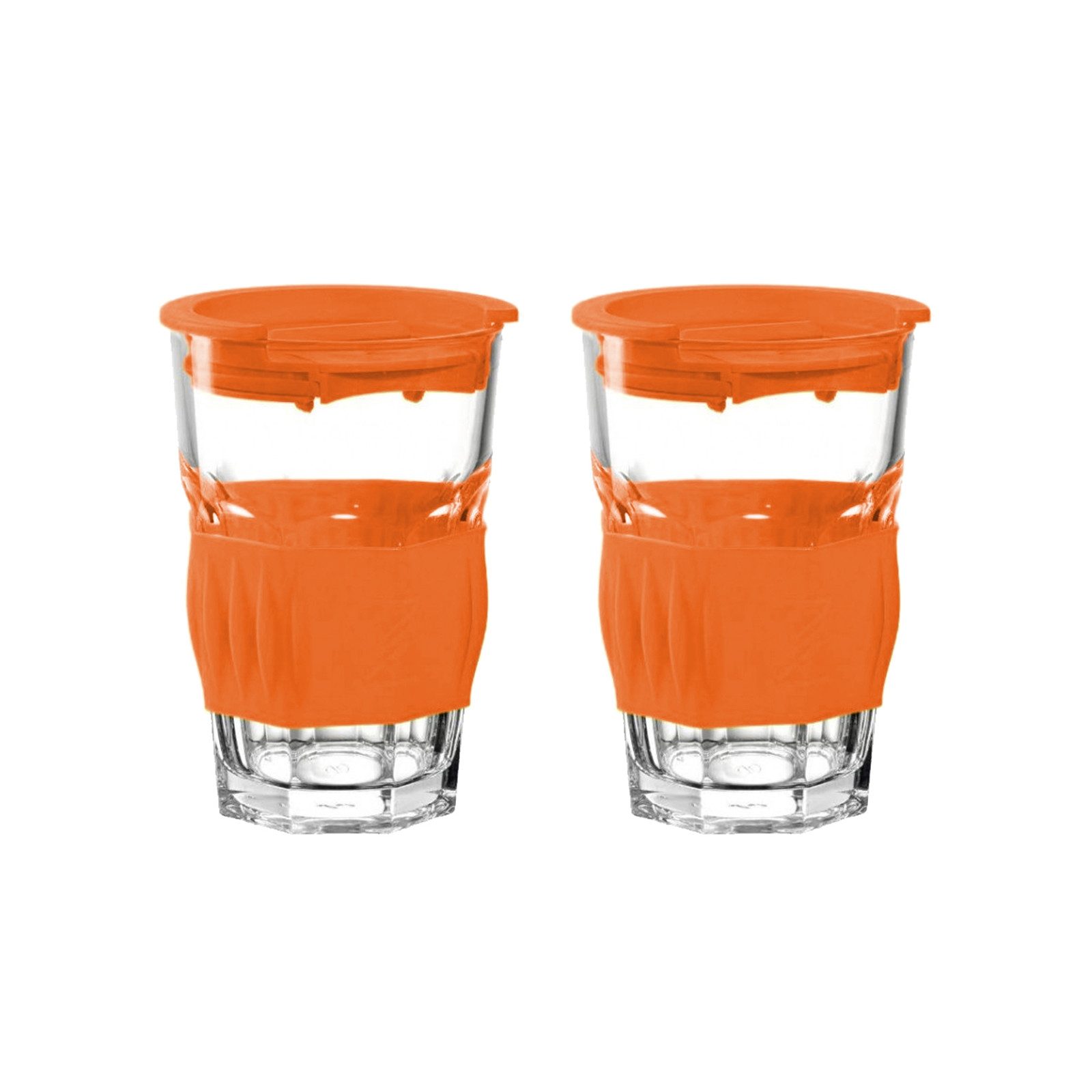 montana-Glas Becher Becher to go 2er-Set Orange, 2-tlg., Glas, Kunststoff, Trinkgläser mit Deckel