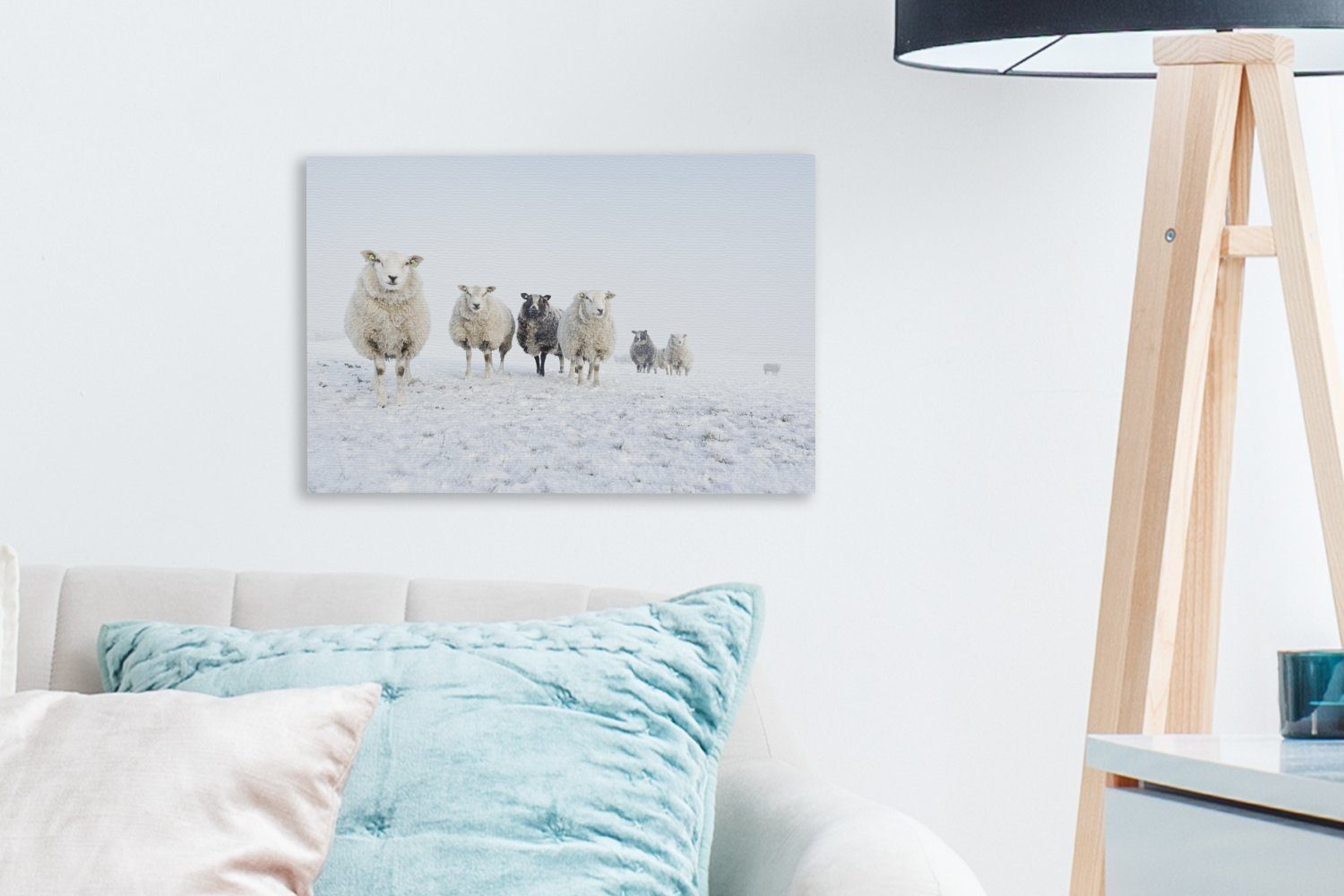 OneMillionCanvasses® Leinwandbild Schafe - (1 Wolle Aufhängefertig, Schnee, Wanddeko, - Leinwandbilder, Wandbild St), cm 30x20