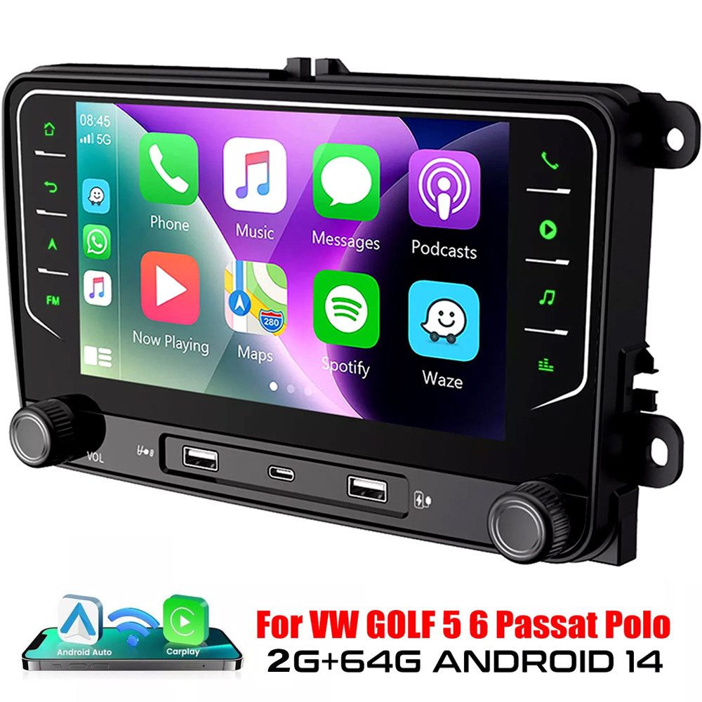ESSGOO Für VW GOLF 5 6 Touran EOS Tiguan Polo 6R Passat Caddy 7" Android 14 Autoradio (DAB (optional), DAB+ (optional), 4+64G(optional), FM, RDS, Carplay Android Auto DAB (optional), RDS, FM, 4+64GB, SWC, GPS NAVI)