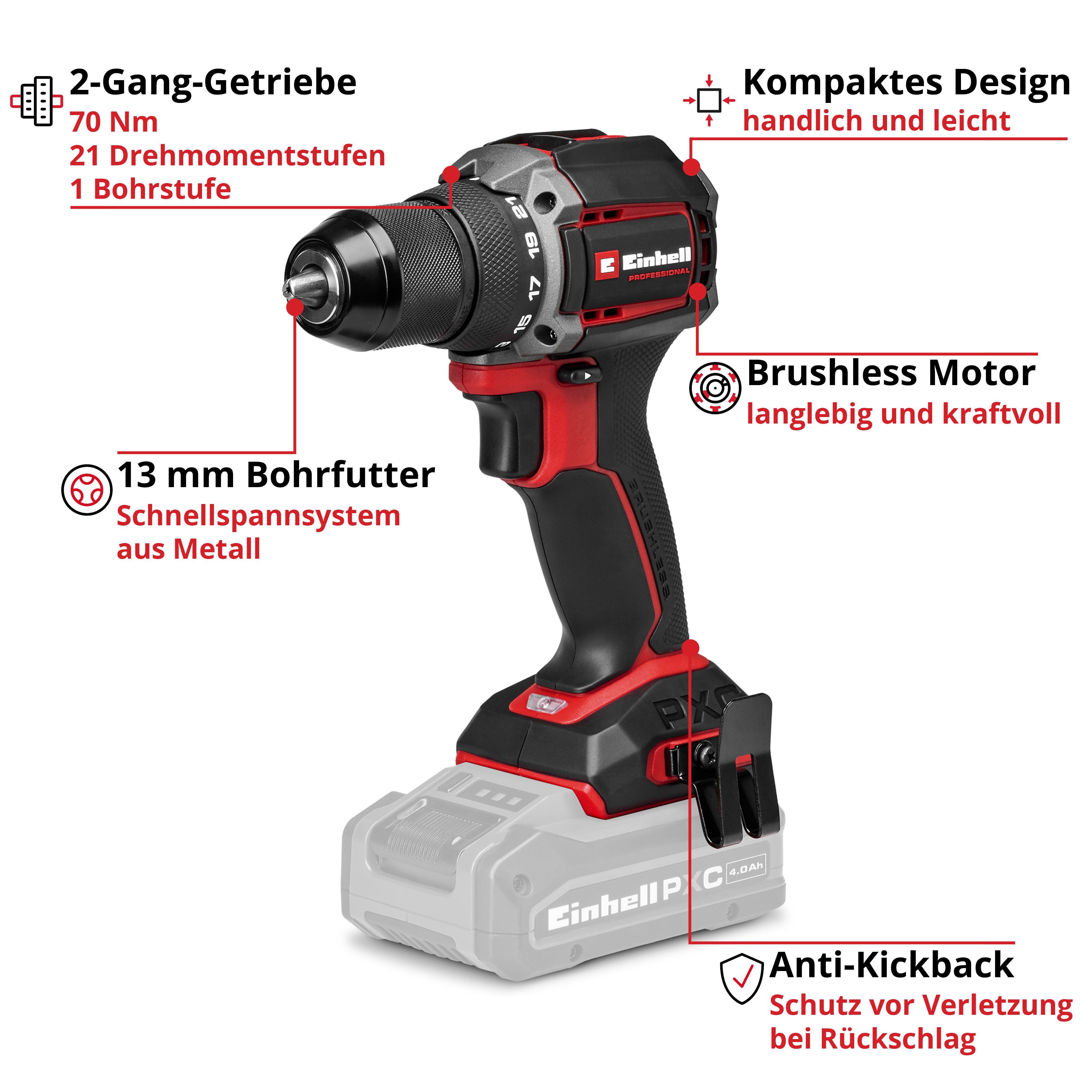 Einhell Akku-Bohrschrauber Professional TP-CD 18/70-C Li BL - Solo, ohne Akku und Ladegerät