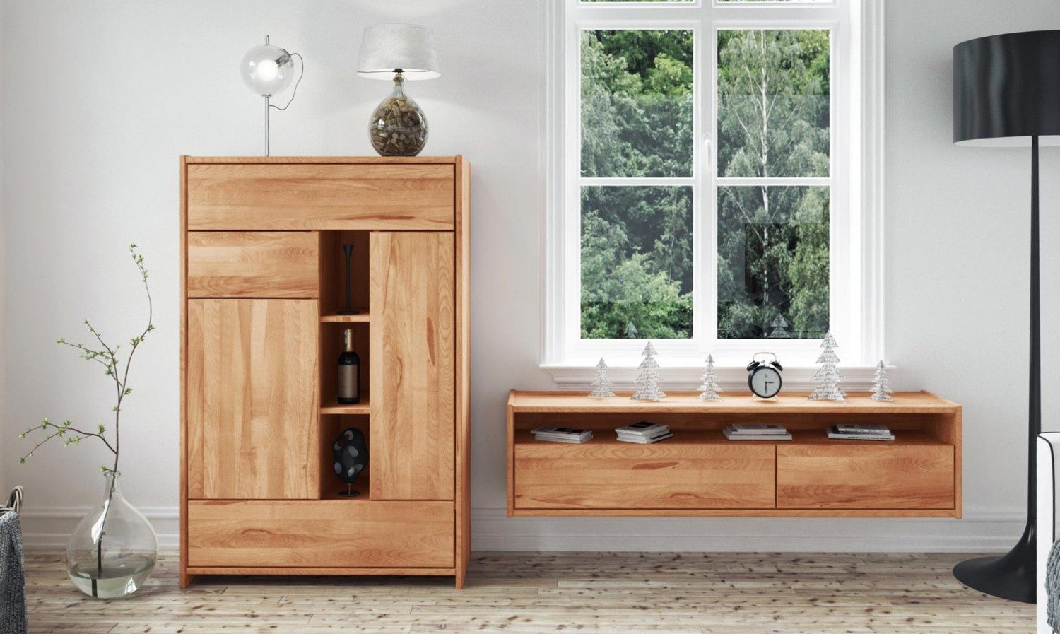 Natur24 Hängeschrank Wandschrank Zigo Kernbuche 148x34x37 mit 2 Schubladen und 1 Fach