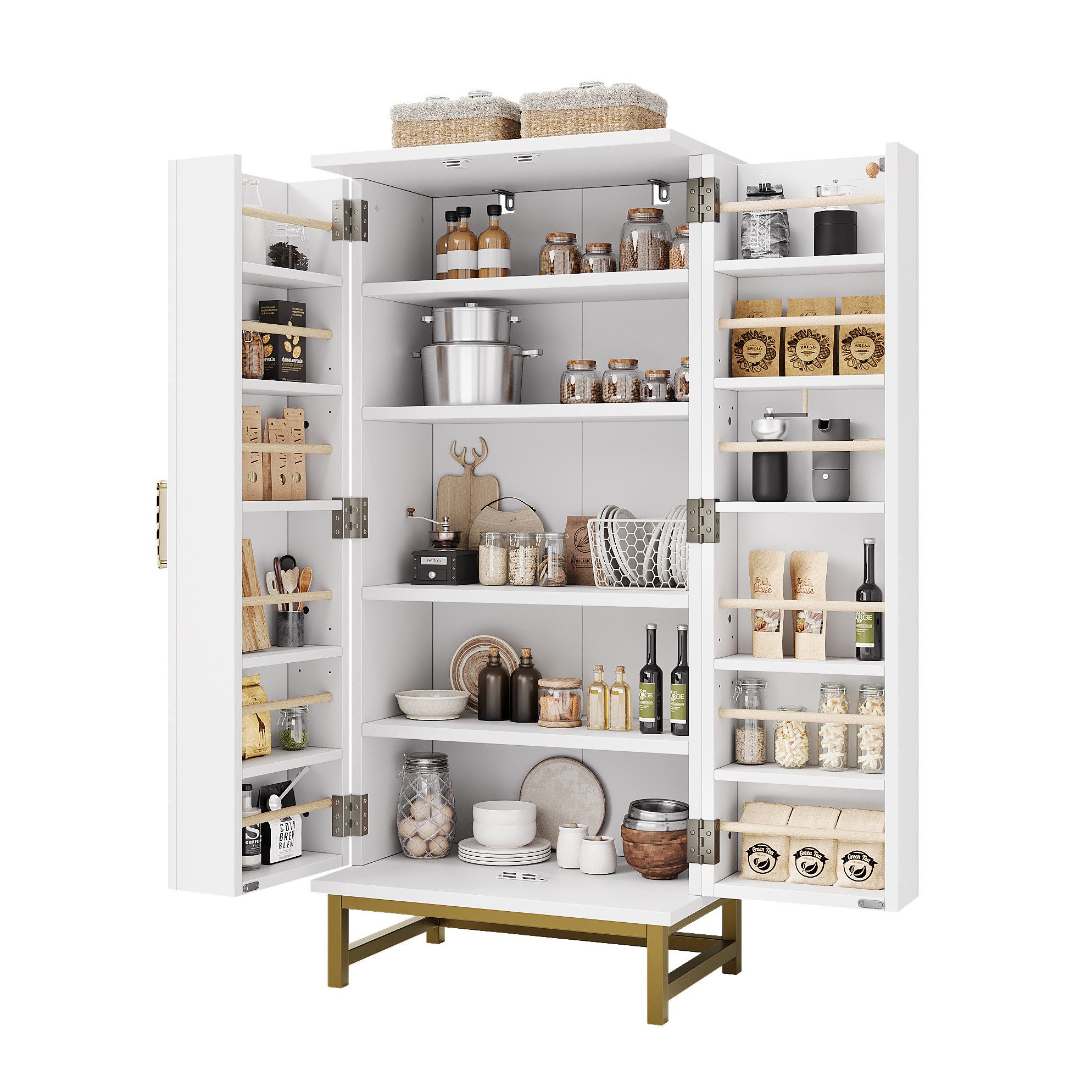 OKWISH Mehrzweckschrank Kompakter Vorratsschrank mit verstellbaren Böden & Türfächern (Packung, 1-St., Weiß+Gold, für Küche & Esszimmer) 60×40×130 cm, viel Stauraum, flexibel
