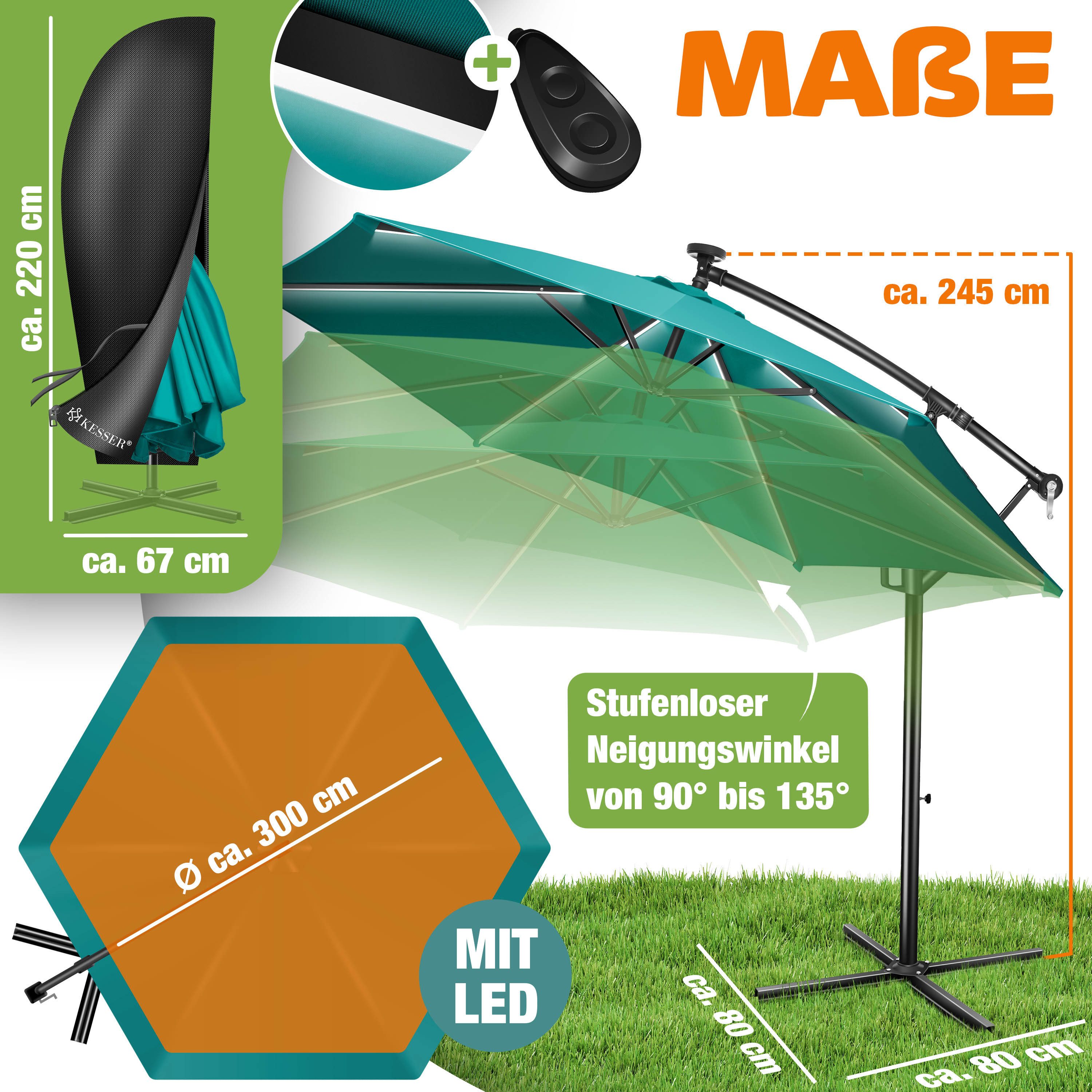 KESSER Ampelschirm ⌀300cm Alu Sonnenschirm mit LED Solar Inkl. Abdeckung & Fernbedienung, Kurbelschirm mit Ständer Wasserabweisend, 360° Funktion & UV-Schutz