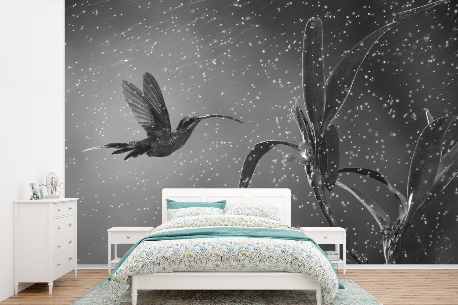 MuchoWow Fototapete Kolibri im Regen in der Natur von Costa Rica in schwarz und weiß, Matt, bedruckt, (6 St), Wallpaper für Wohnzimmer, Schlafzimmer, Kinderzimmer, Vinyl Tapete