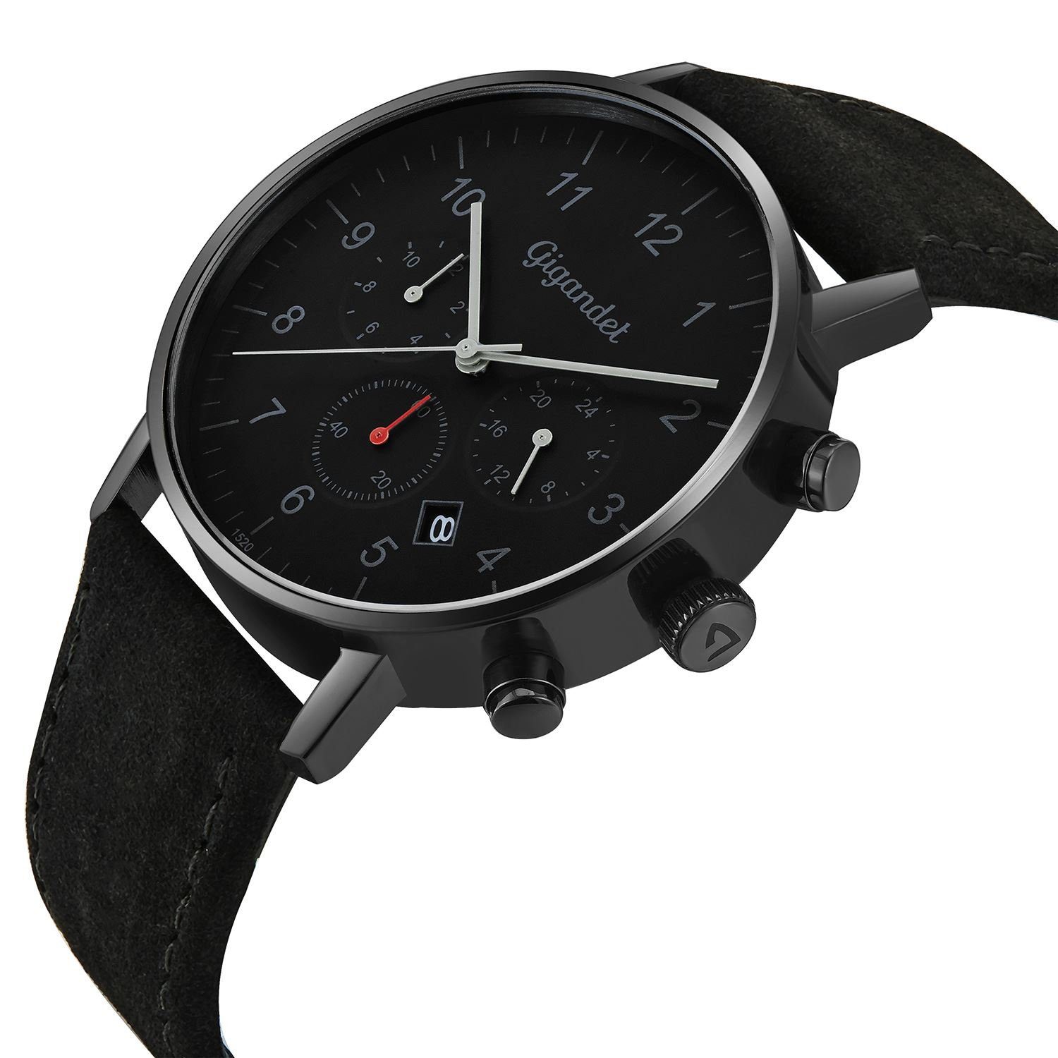 Gigandet Quarzuhr Armbanduhr, Herrenuhr, 24-Std. Anzeige, 42mm, MINIMALISM II G21-004, Mineralglas, 2. Zeitzone, Lederband, 3bar/30m wasserdicht