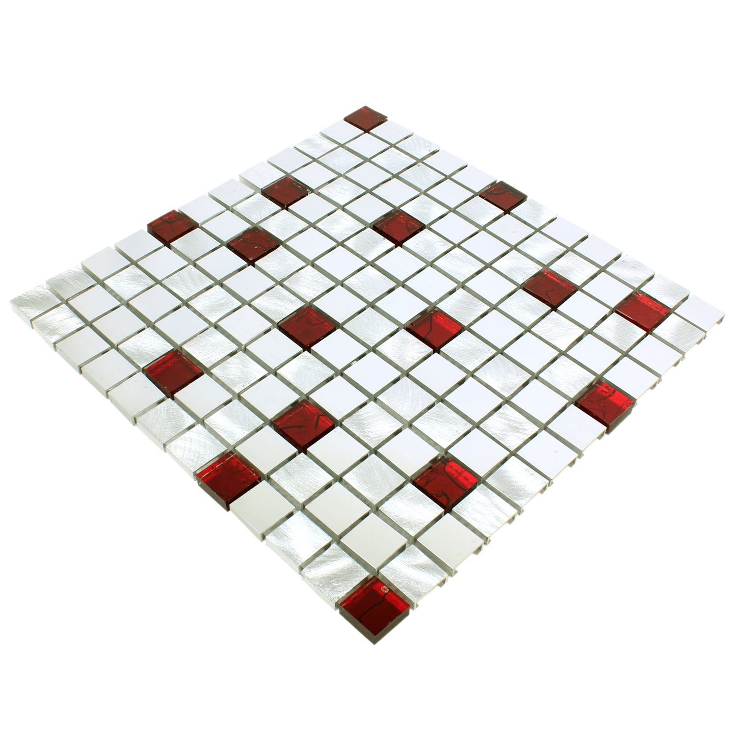 Mosafil Mosaikfliesen Mosaikfliesen Aluminium Glas Maira Silber Rot, Glas-Metall-Aluminium 30.000x30.000, rot-silber, Verlegefertig auf ein Netz geklebt - Wasserfest