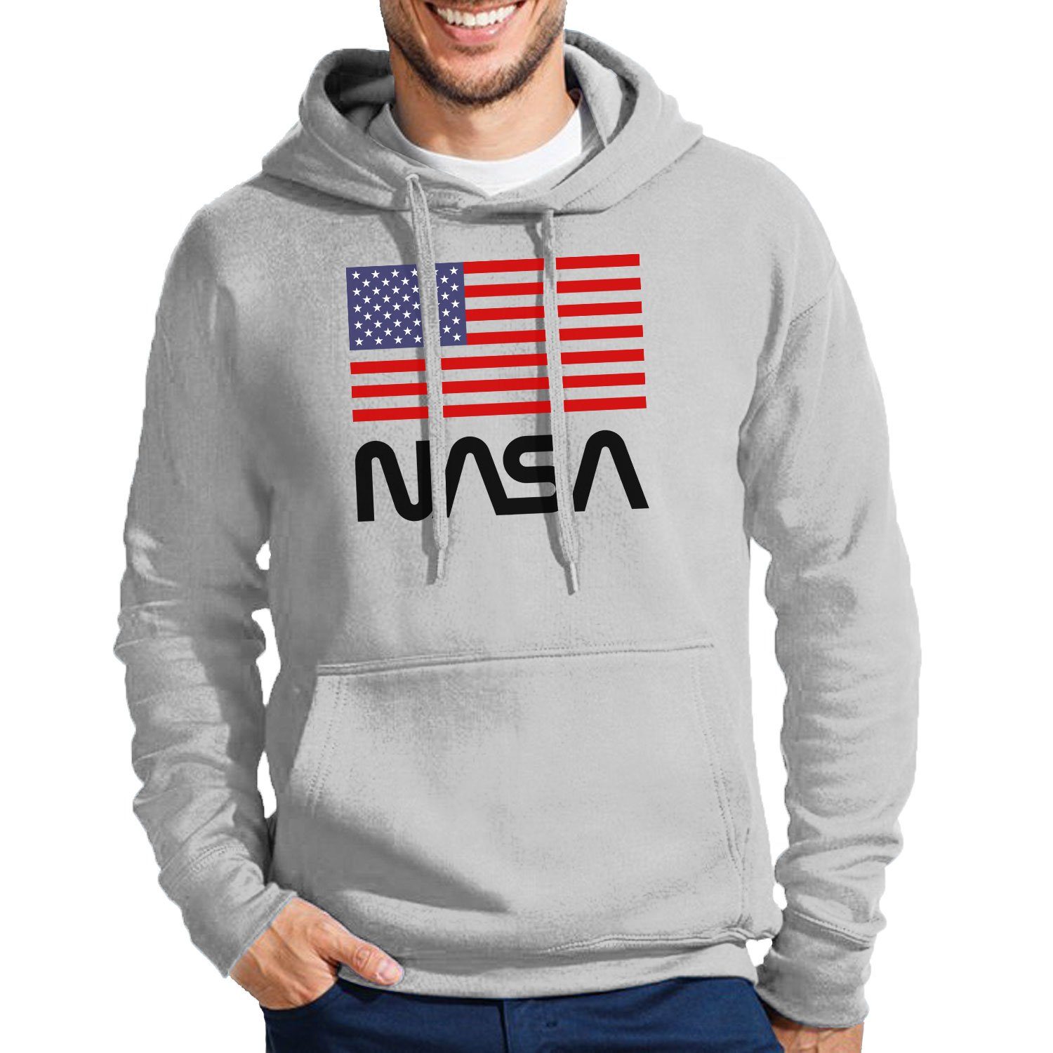 Blondie & Brownie Hoodie Herren NASA Nasa USA Amerika Rakete Mit Kapuze Grau
