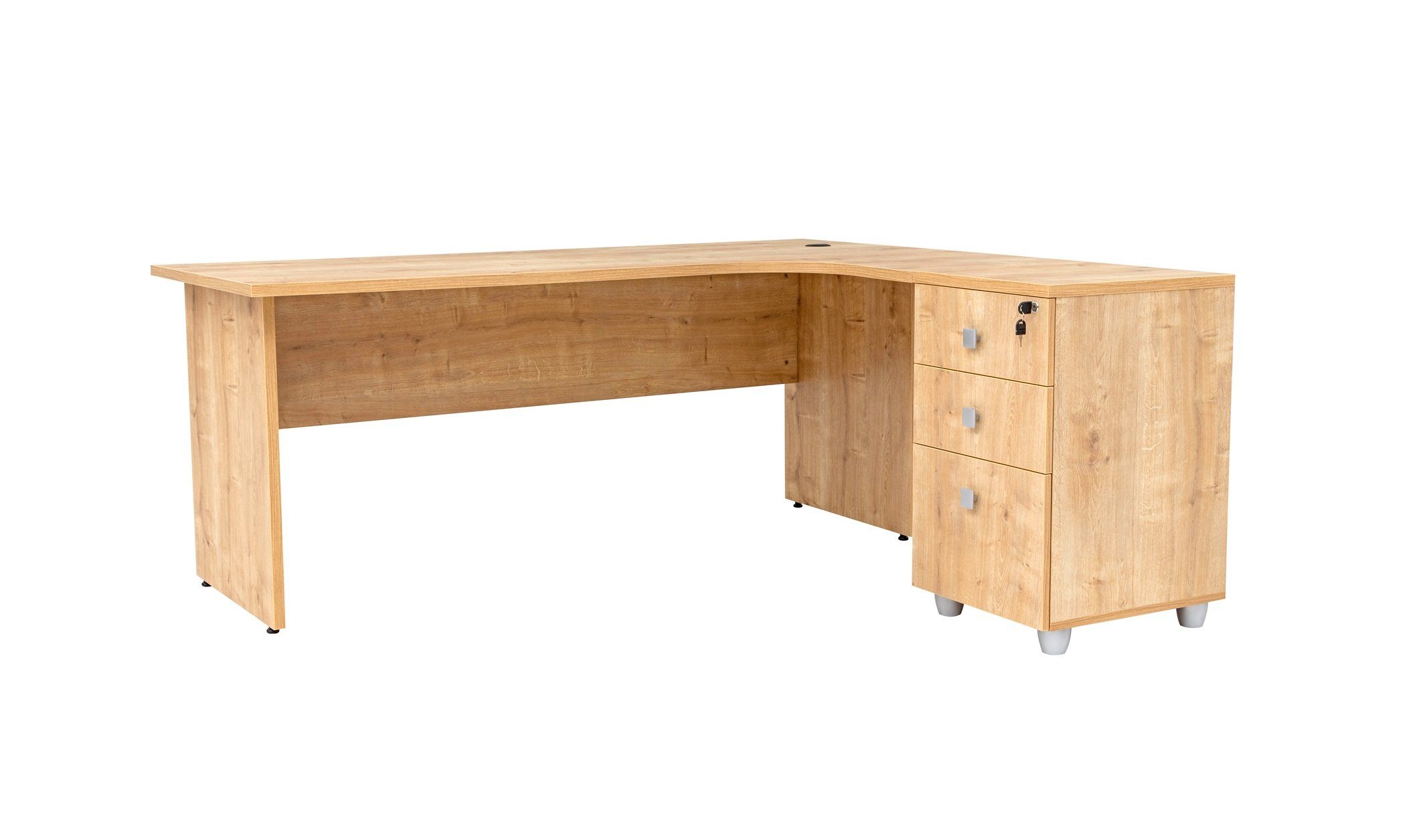 Furni24 Schreibtisch Winkelschreibtisch Dona,Holzfuss,Eiche,180 cm, Beistellcontainer inkl