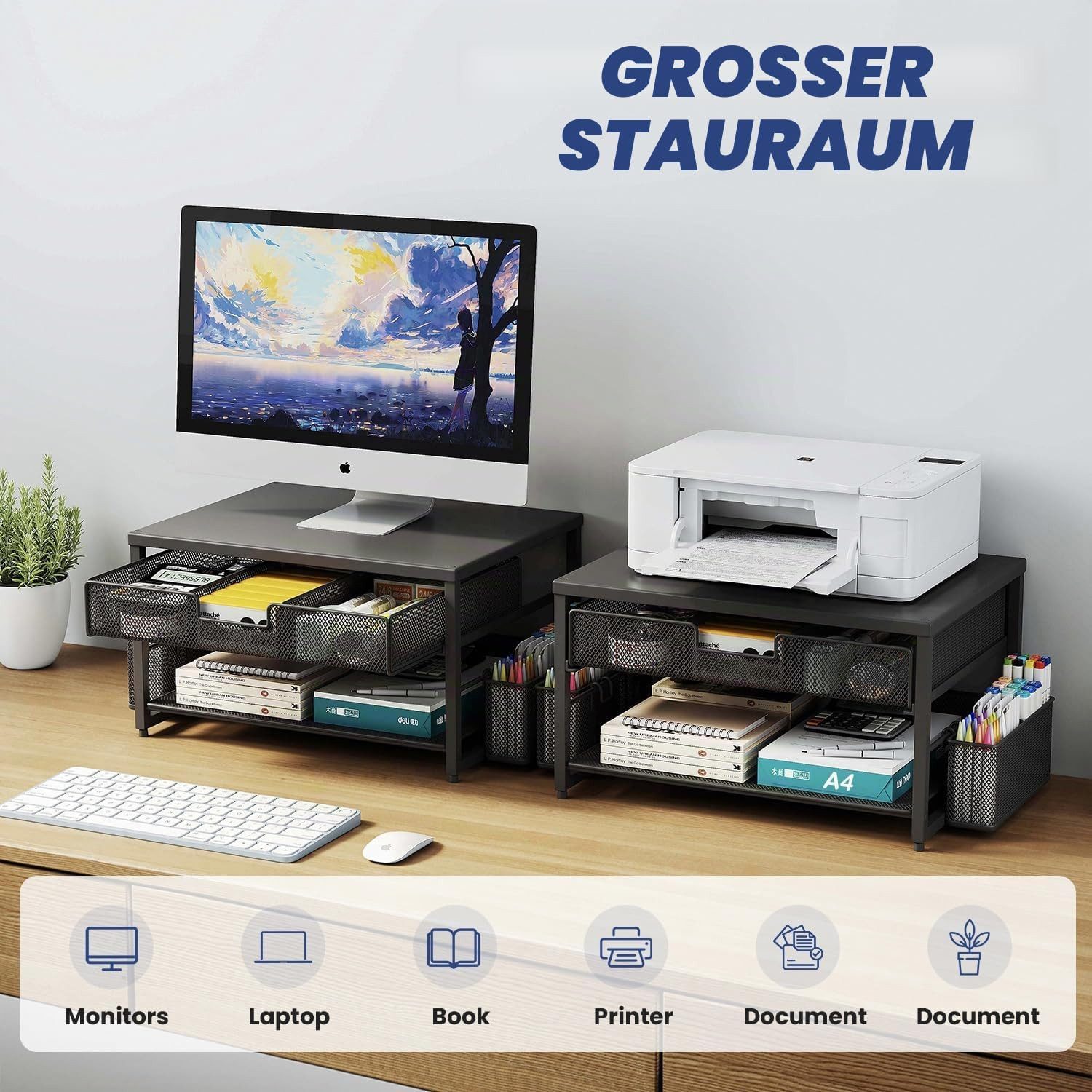 SURFOU Druckertisch Drucker- & Monitorständer Metall mit Schublade, für PC/Laptop, Schreibtisch-Organizer mit 2 Stifthaltern, bis 20 kg belastbar