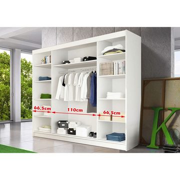 MOEBLO Kleiderschrank ELBA I (Schwebetürenschrank 2-türig Schrank Garderobe Schiebtüren Schlafzimmer, mit Spiegel Kleiderstange und Regale) (BxHxT):250x218x61 cm