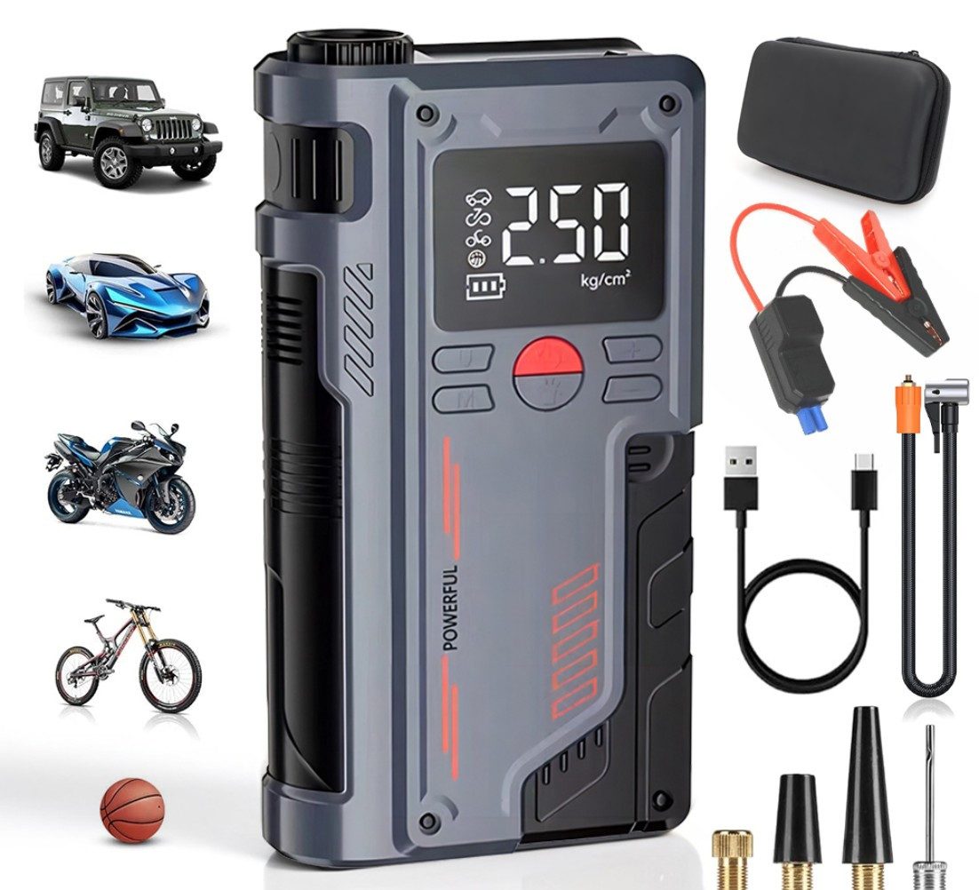 MDHAND Auto Starthilfe Powerbank 1000A 10000mAh Autobatterie-Ladegerät (Set, 1-tlg., 4-in-1-Powerbank mit LCD Bildschirm Reifenfüller)