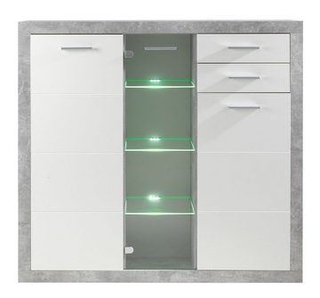 Highboard STONE, Betondekor, Weiß Hochglanz, 3 Türen, inkl. LED-Beleuchtung, B 137 x H 134 x T 37 cm, 2 Schubladen