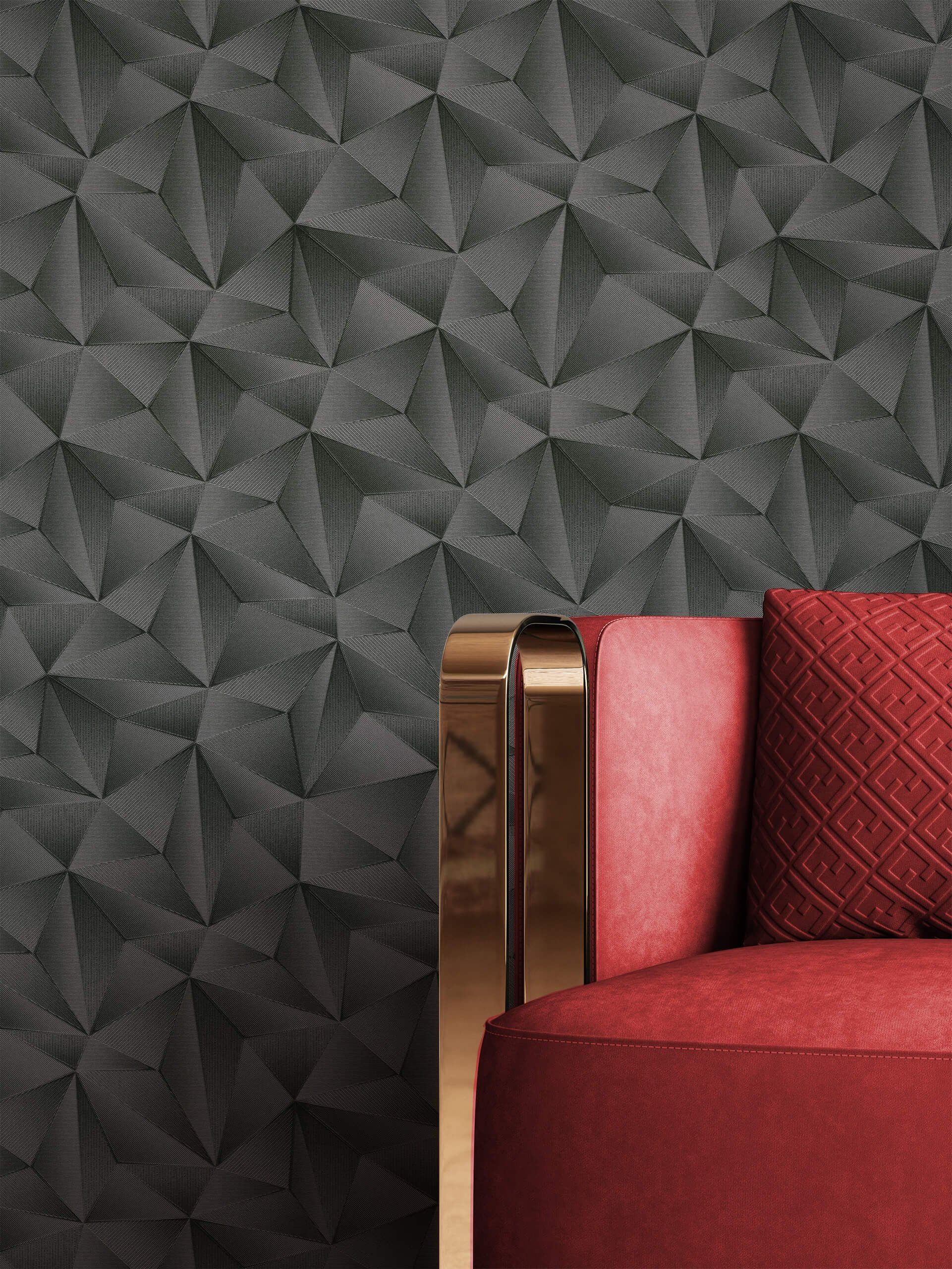 Newroom Vliestapete, Schwarz Tapete Glamour Dreiecke - 3D-Optik Grafiktapete Grafisch Geometrisch Grafik für Wohnzimmer Schlafzimmer Küche
