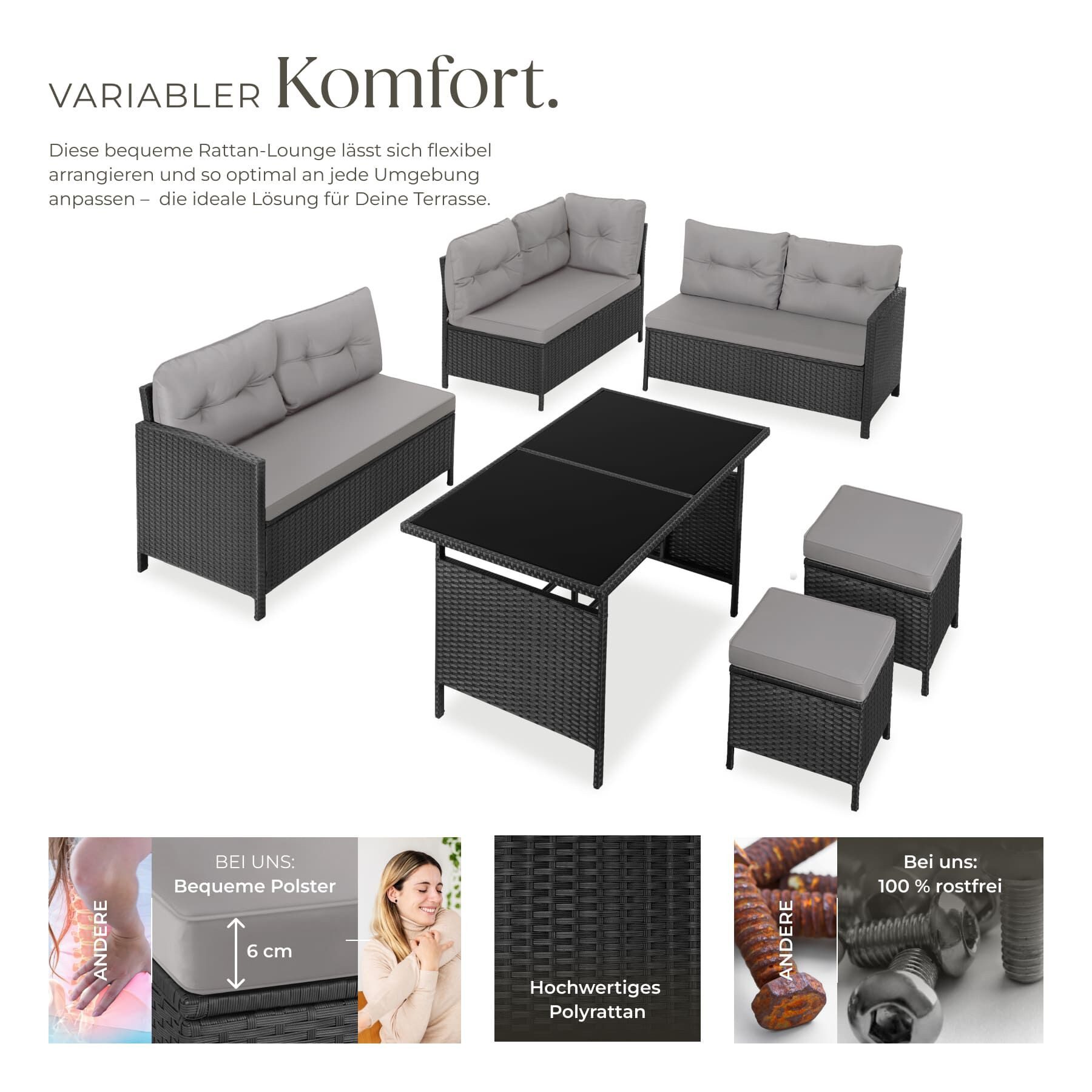 tectake Loungeset Rattan Sitzgruppe mit Sicherheitsglasplatten, für 6 bis 8 Personen, (Gartenlounge-set Barletta, 6-tlg., geeignet für Outdoor in Schwarz/Grau), widerstandsfähig und UV-beständig, dicke Rückenkissen