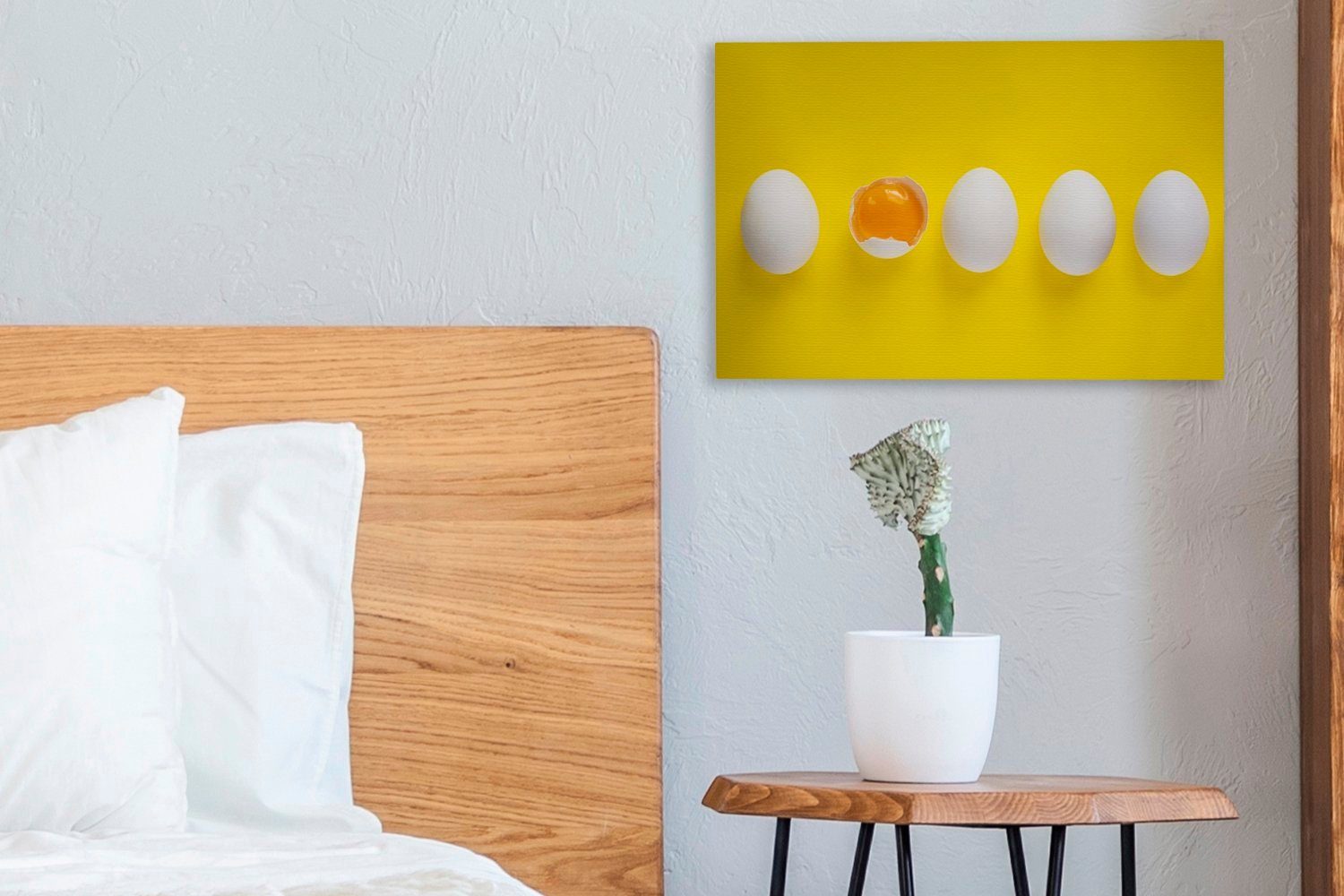 OneMillionCanvasses® Leinwandbild Vier (1 gelbem cm St), 30x20 zerbrochenes Eier Leinwandbilder, Ei und Aufhängefertig, auf ganze ein Wandbild Wanddeko, Hintergrund