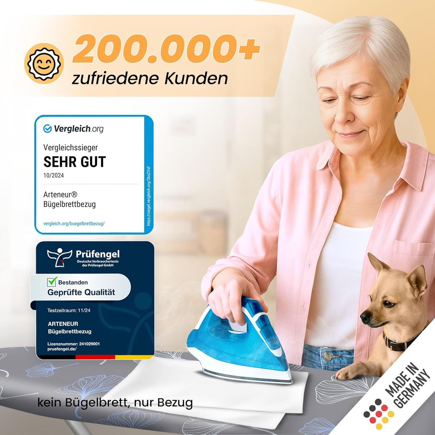 Arteneur Bügelbrettbezug, Made in Germany, OEKOTEX100, Zubehör für alle Bügeltische dank 5 Größen, Vergleichssieger, Hitzereflektierend, Gummizug