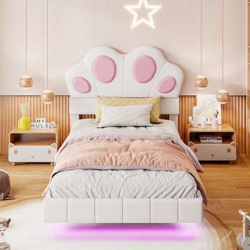 Flieks Polsterbett, LED Kinderbett Einzelbett 90x200cm mit Katzenpfotenform Kopfteil