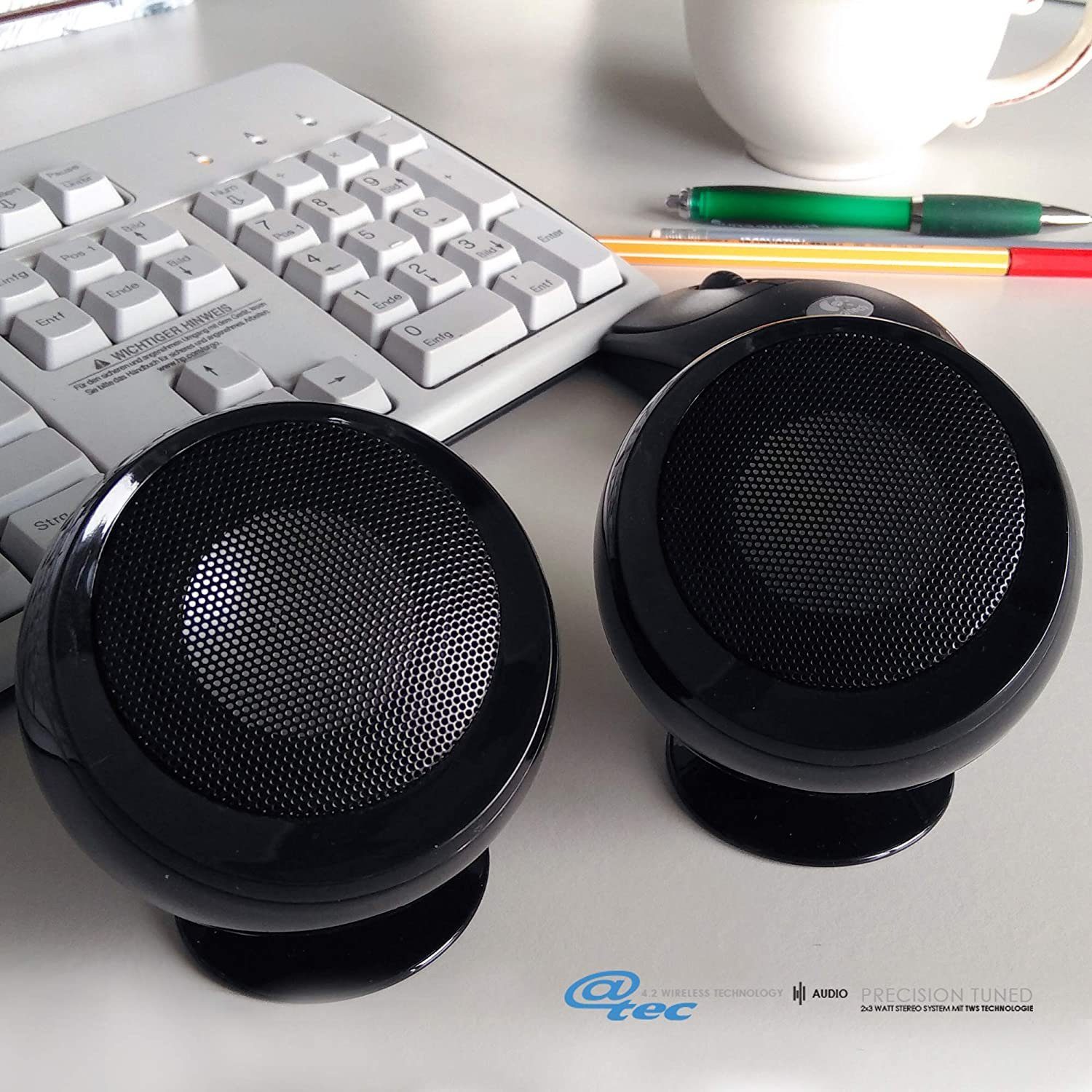 True (Mini, Speaker Sound, tragbar, Mini Musik Bluetooth-Lautsprecher Lautsprecher, @tec Stereo Lautsprecher, 2x3W, Stereo Bluetooth, Wireless HiFi Desktop kabellos, Drahtlose portabel) Boxen,