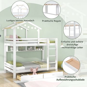 EXTSUD Kinderbett Etagenbetten mit Schubladen und Regalen, Babybett Kiefernrahmen weiß mit Absturzsicherung und Netz (90x200 cm)
